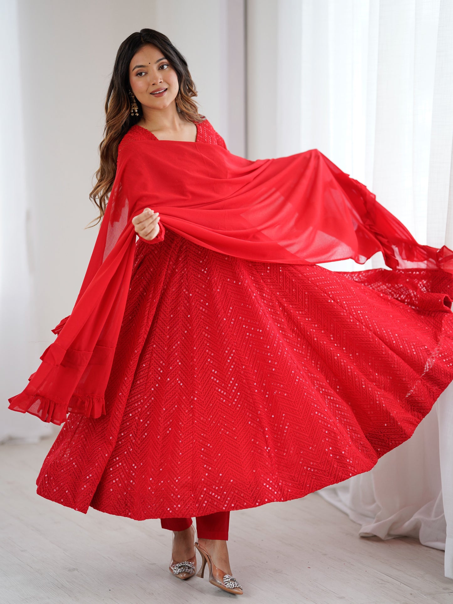 Red Embroidered Georgette Wedding Anarkali Suit
