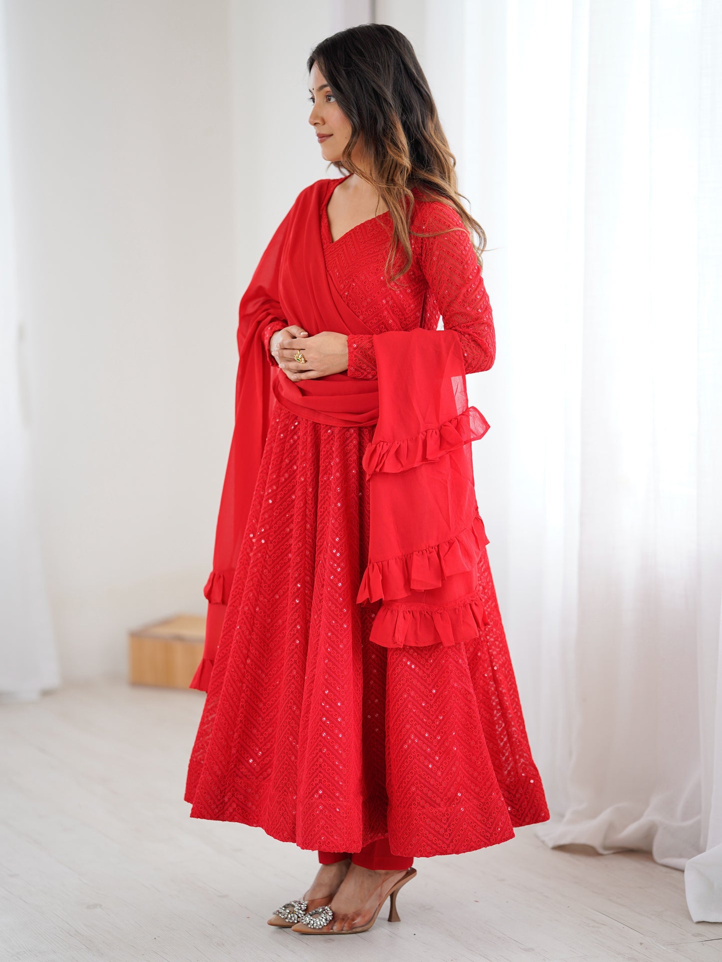 Red Embroidered Georgette Wedding Anarkali Suit