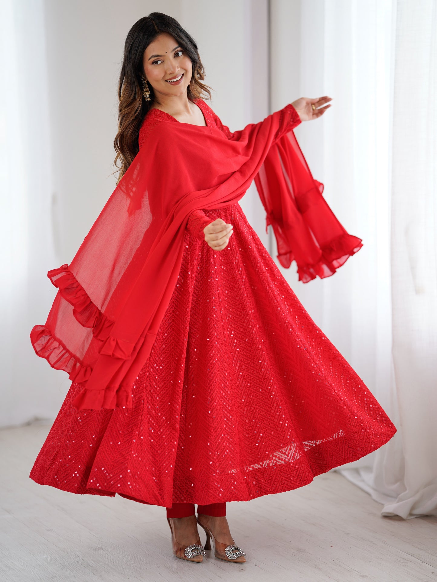 Red Embroidered Georgette Wedding Anarkali Suit