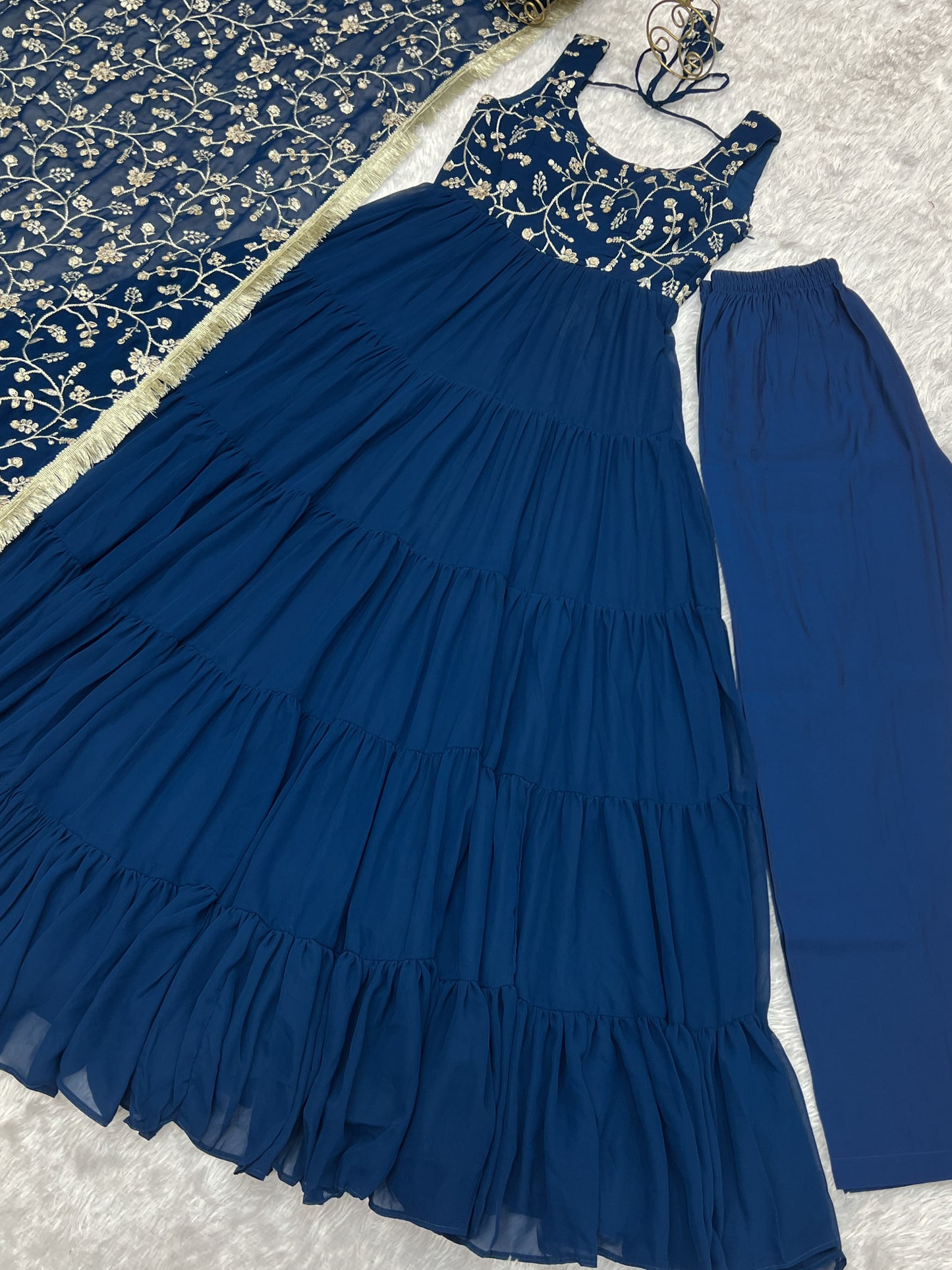Astonishing Blue Embroidered Georgette Wedding Wear Gown