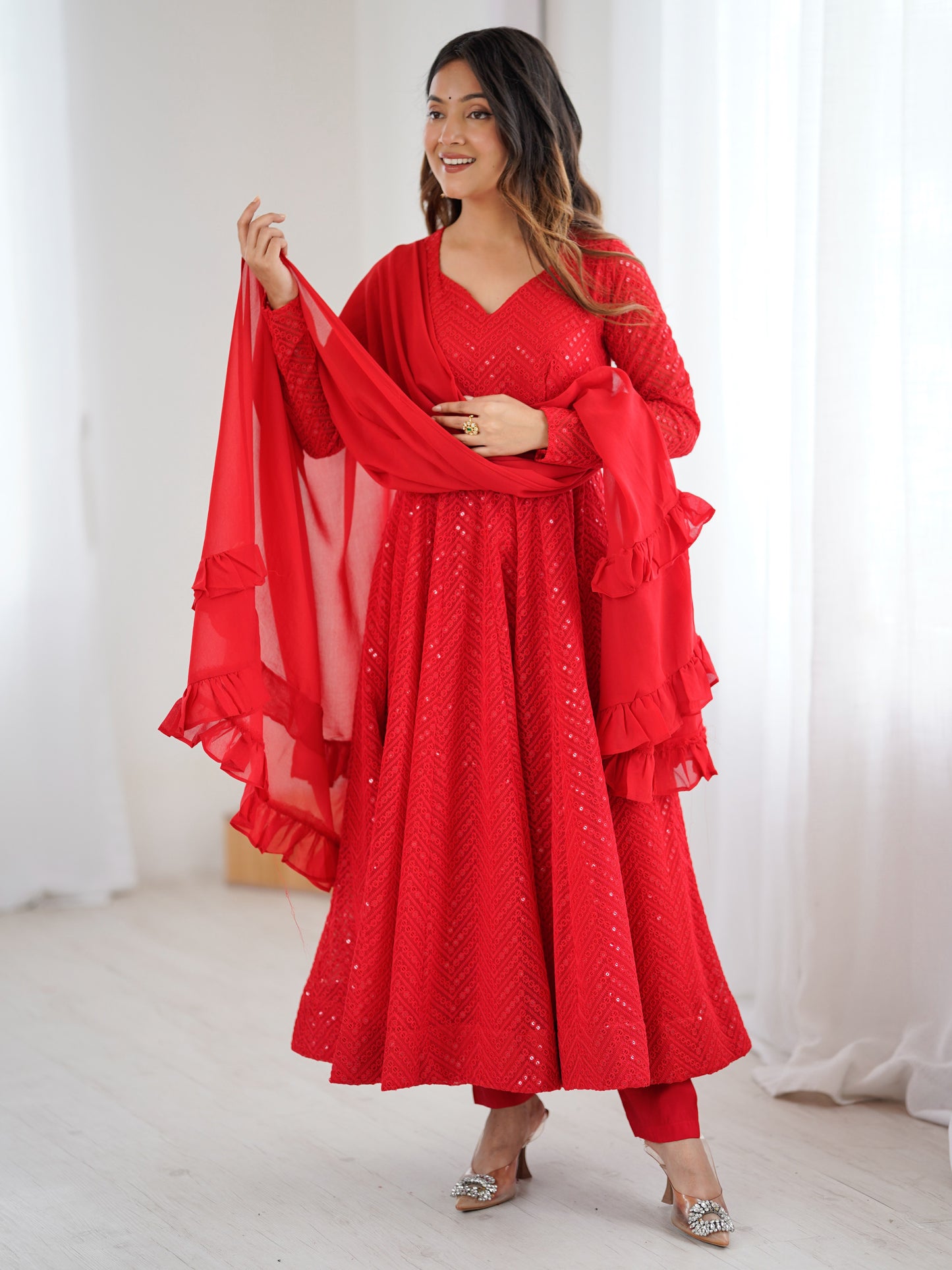 Red Embroidered Georgette Wedding Anarkali Suit