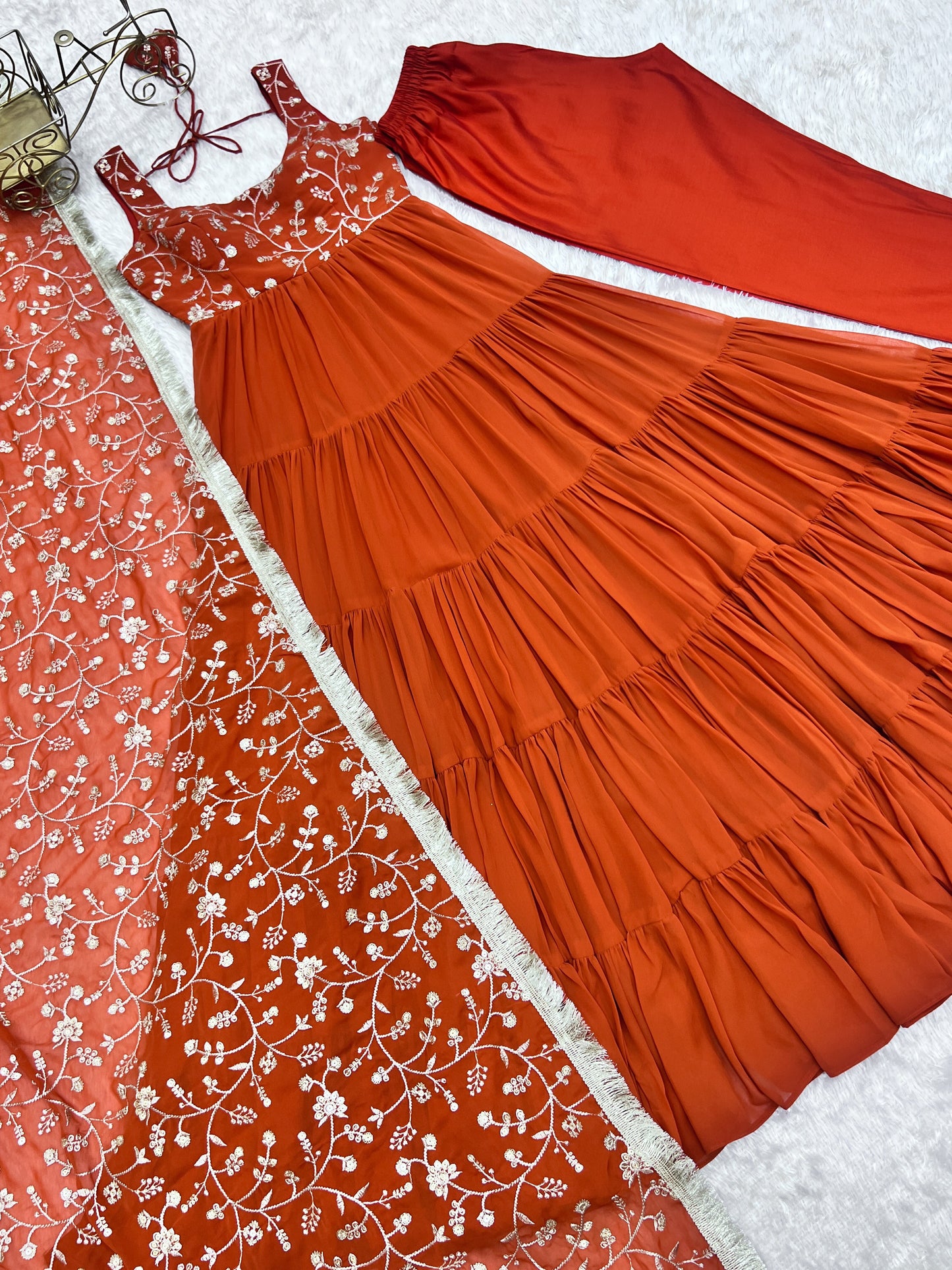 Beautiful Orange Embroidered Georgette Reception Wear Gown