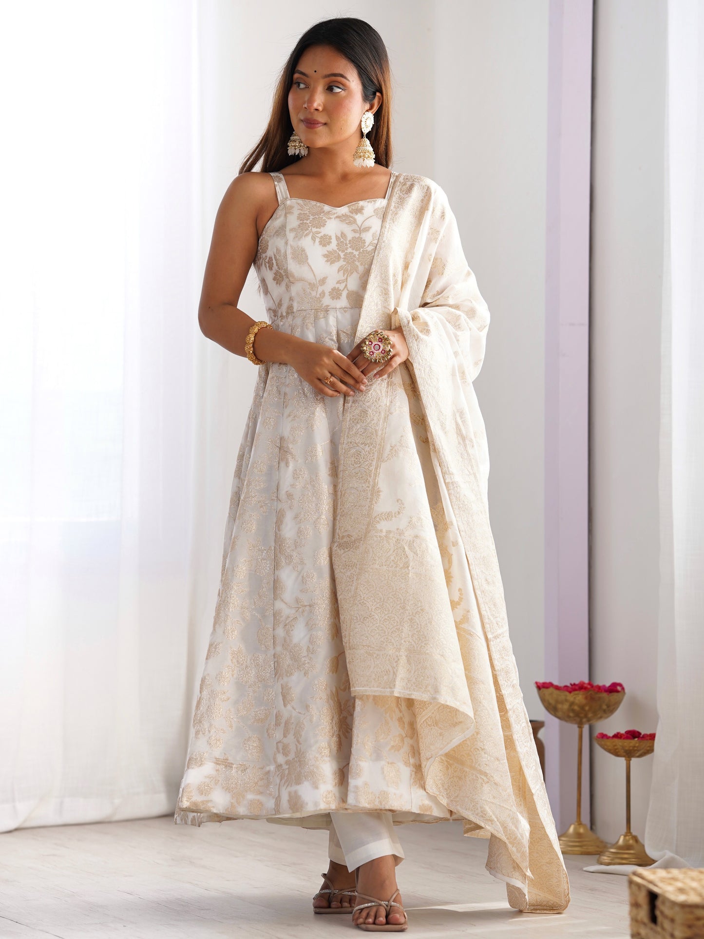 Desirable Off-White  Jacquard Dola Silk Festival Anarkali Suit