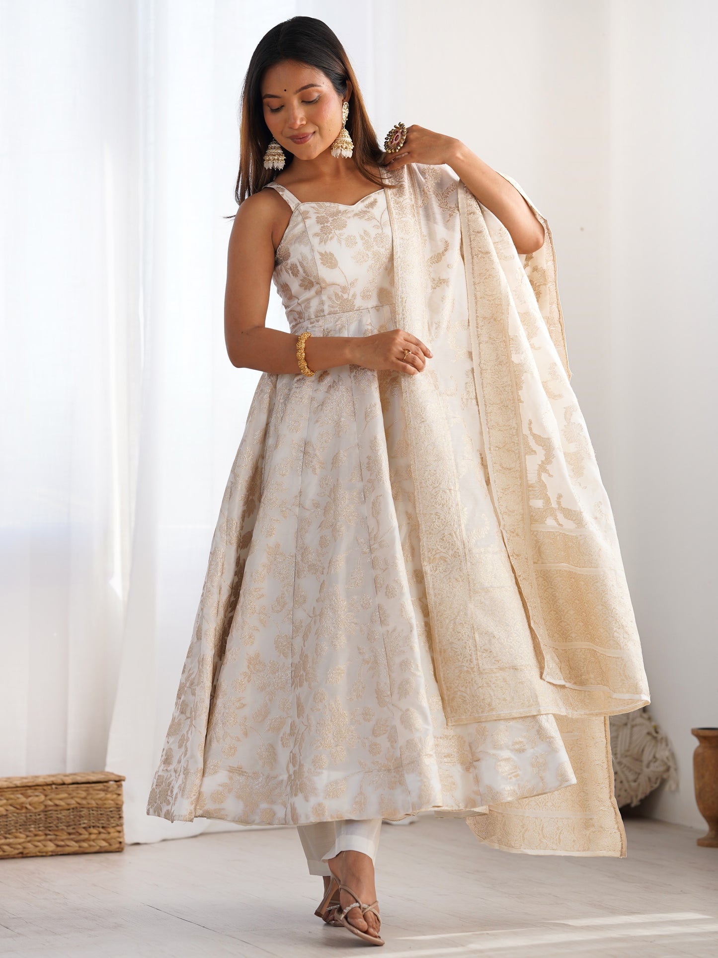 Desirable Off-White  Jacquard Dola Silk Festival Anarkali Suit