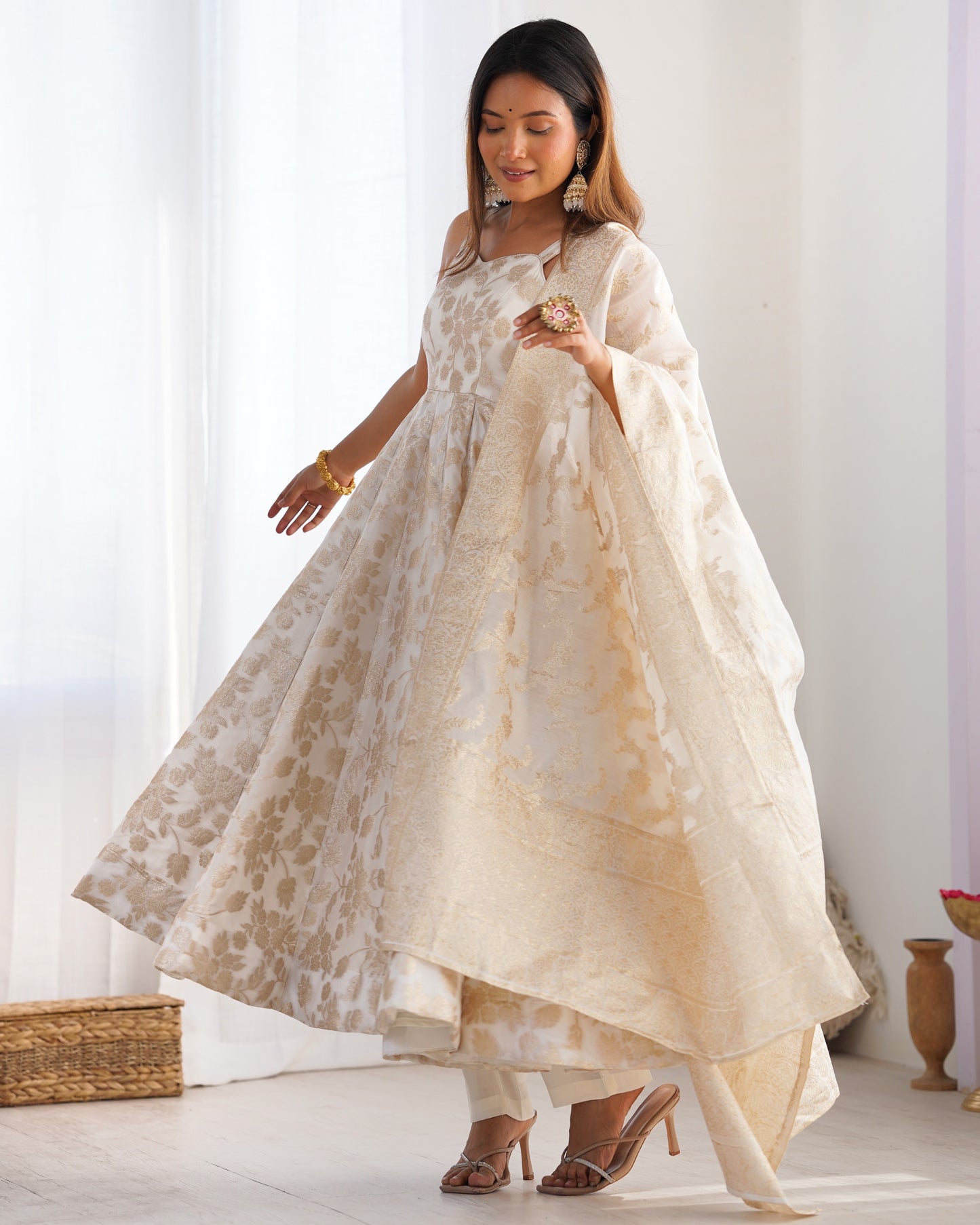 Desirable Off-White  Jacquard Dola Silk Festival Anarkali Suit