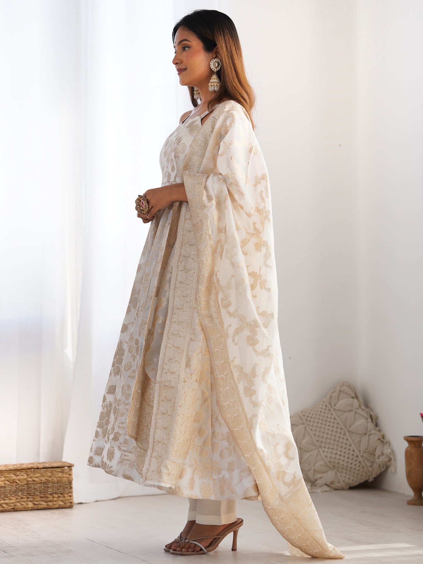 Desirable Off-White  Jacquard Dola Silk Festival Anarkali Suit