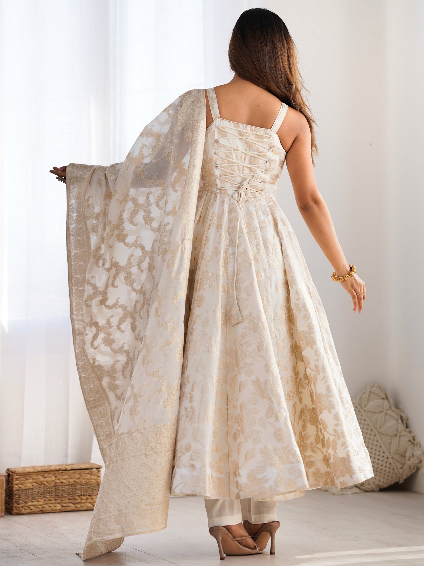 Desirable Off-White  Jacquard Dola Silk Festival Anarkali Suit