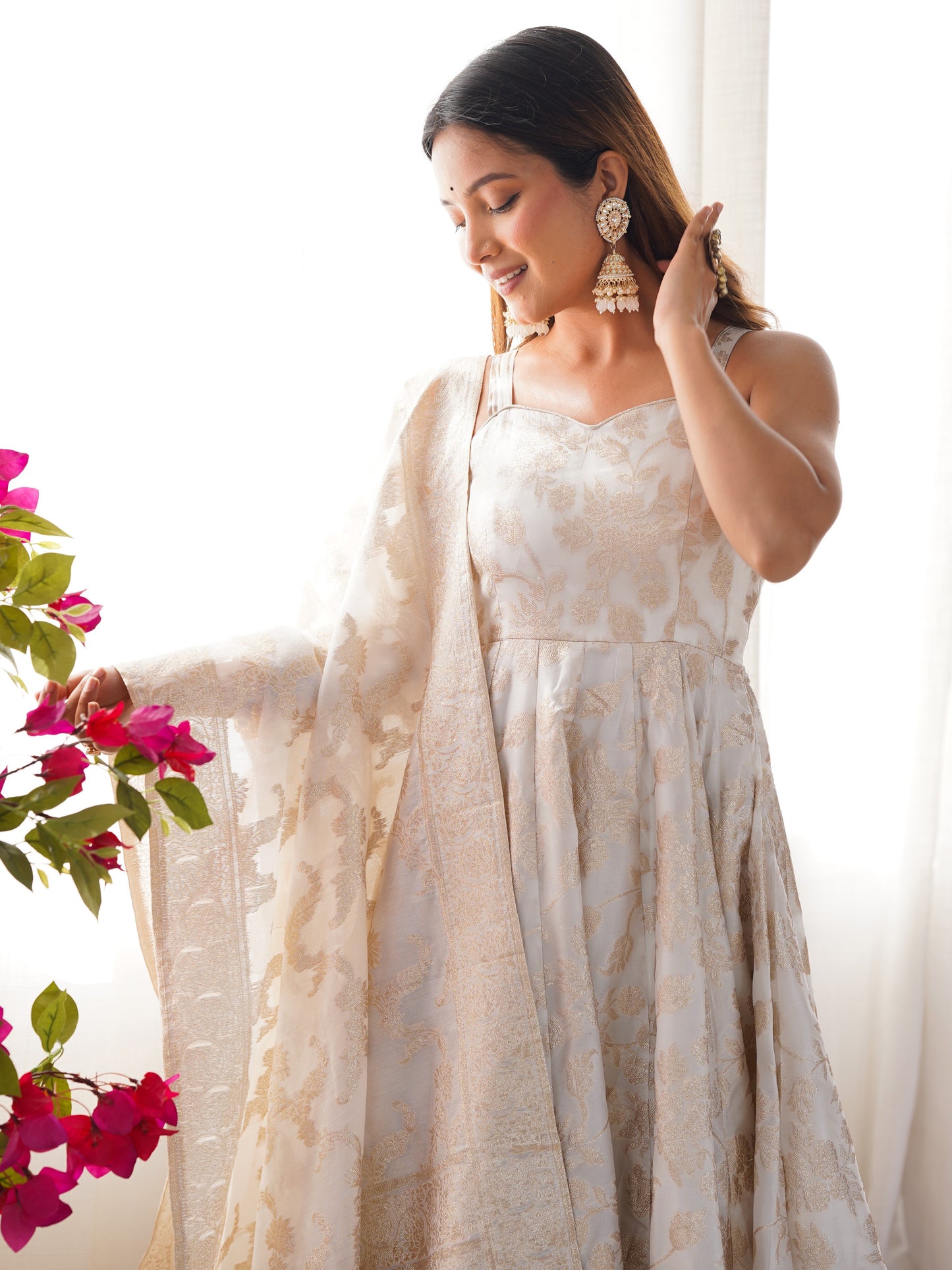 Desirable Off-White  Jacquard Dola Silk Festival Anarkali Suit
