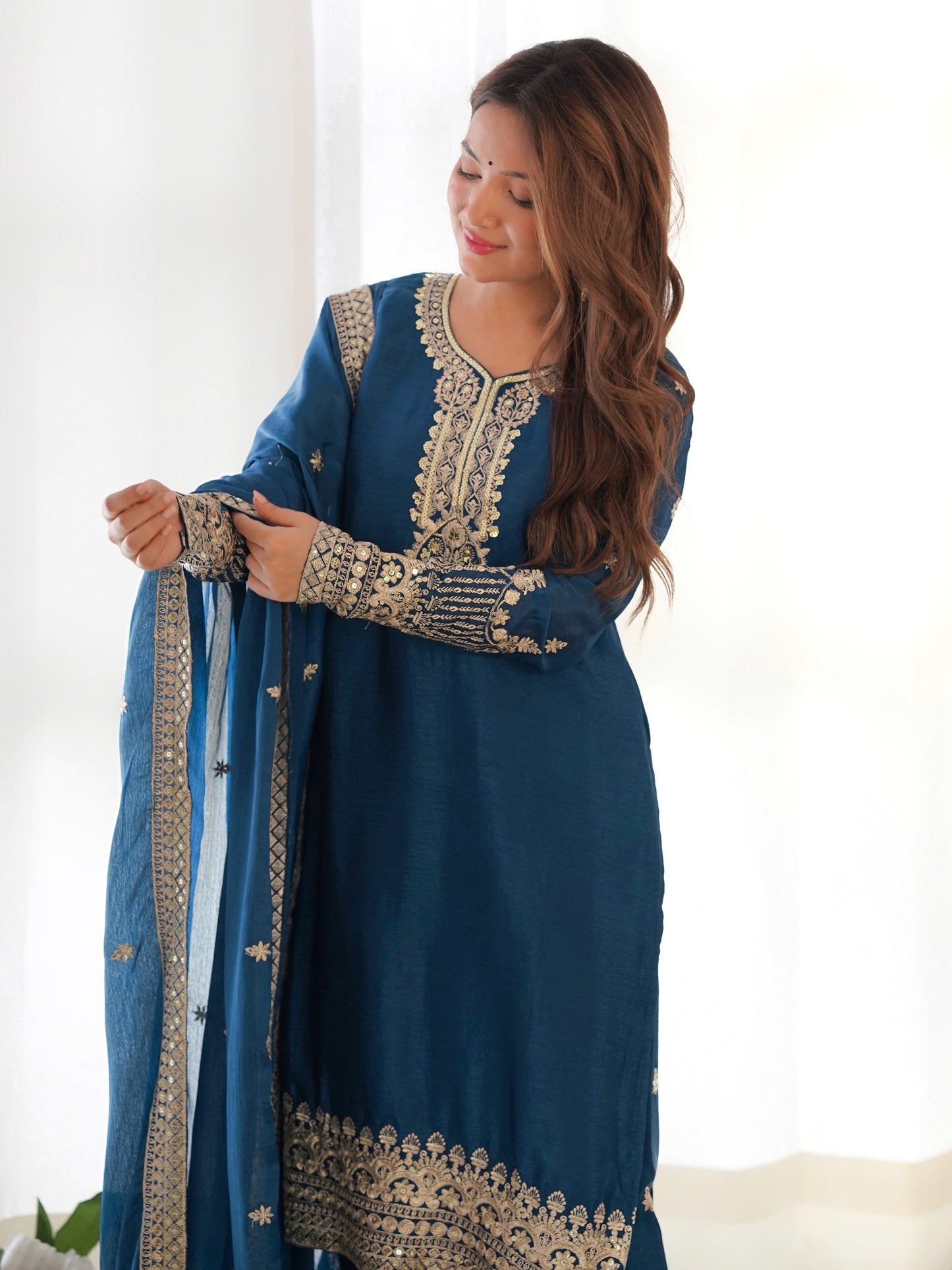 Marvelous Blue Embroidered Chinon Silk Pant Suit