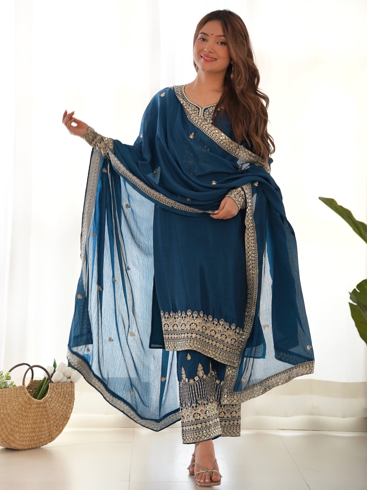Marvelous Blue Embroidered Chinon Silk Pant Suit