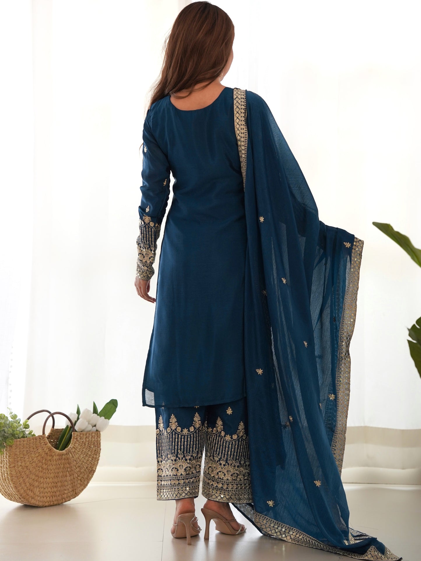 Marvelous Blue Embroidered Chinon Silk Pant Suit