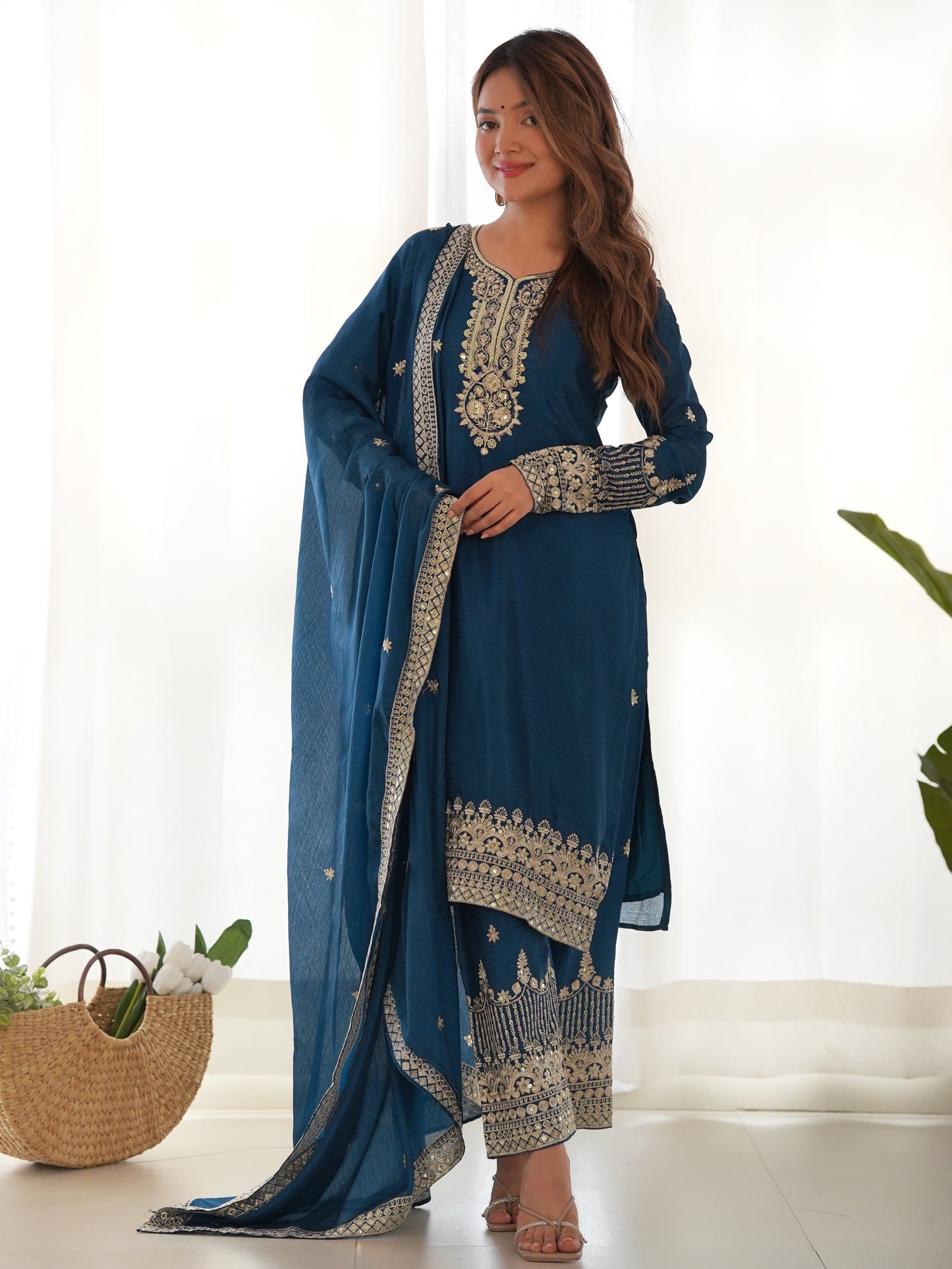Marvelous Blue Embroidered Chinon Silk Pant Suit