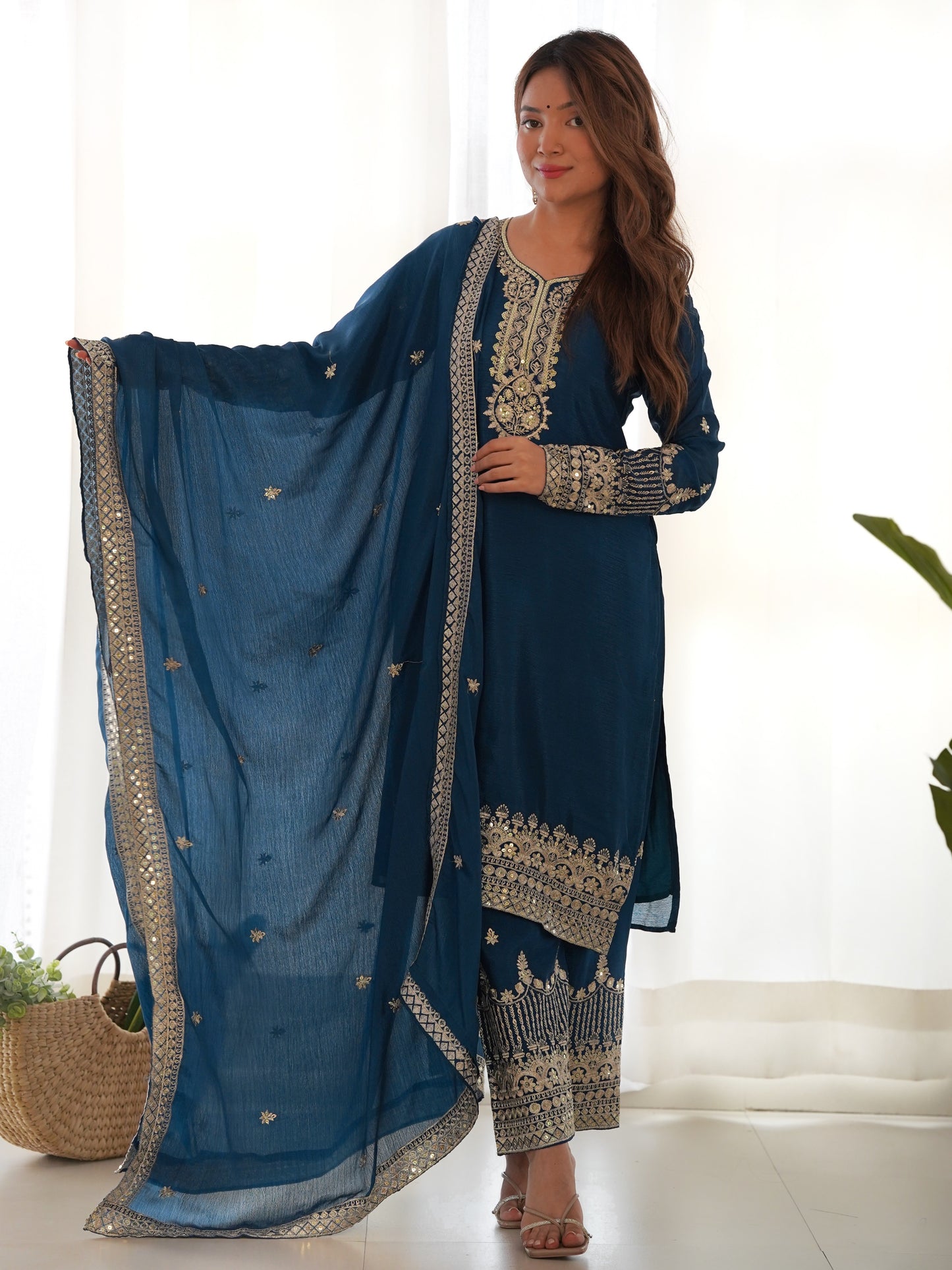 Marvelous Blue Embroidered Chinon Silk Pant Suit