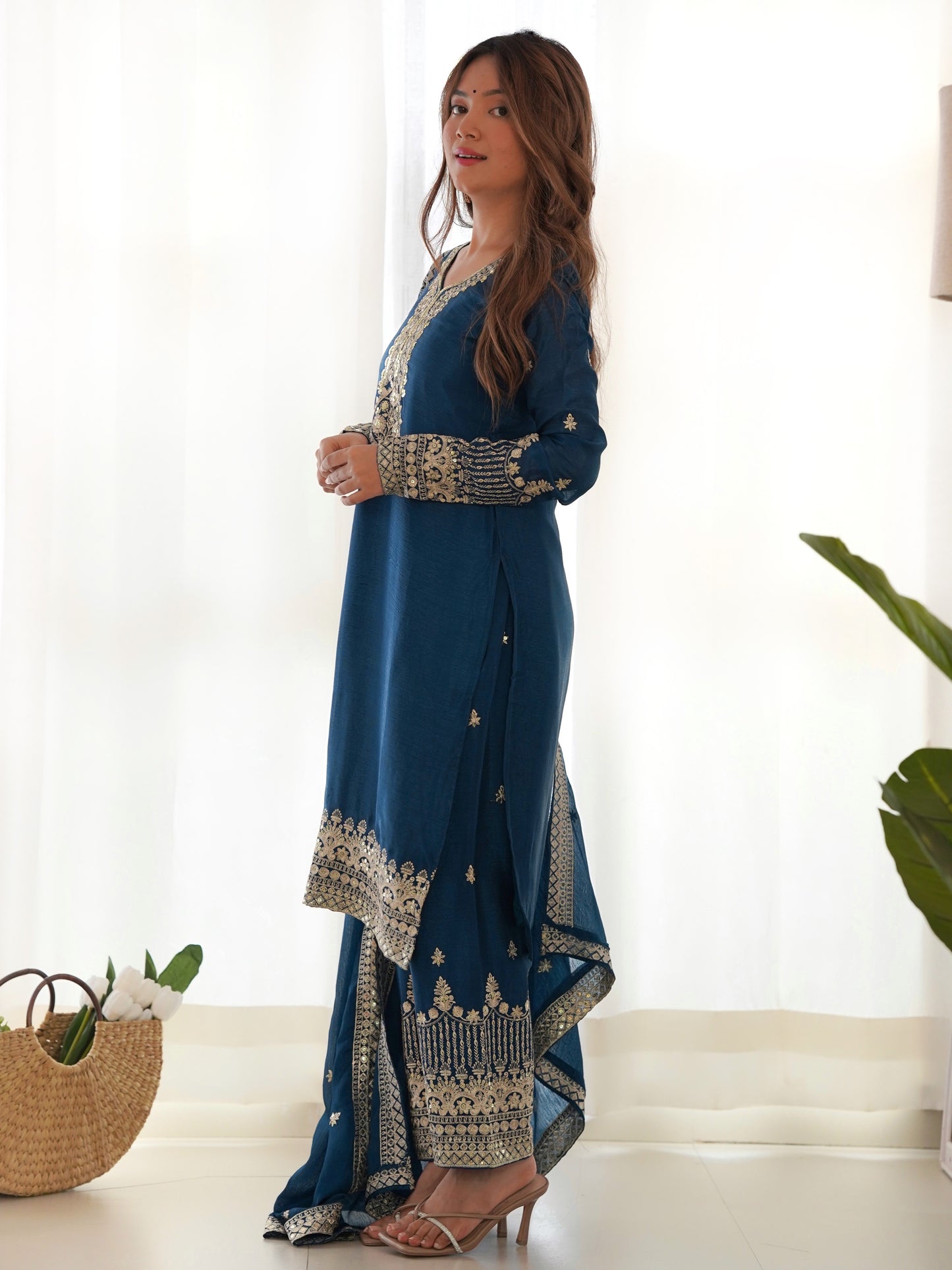 Marvelous Blue Embroidered Chinon Silk Pant Suit