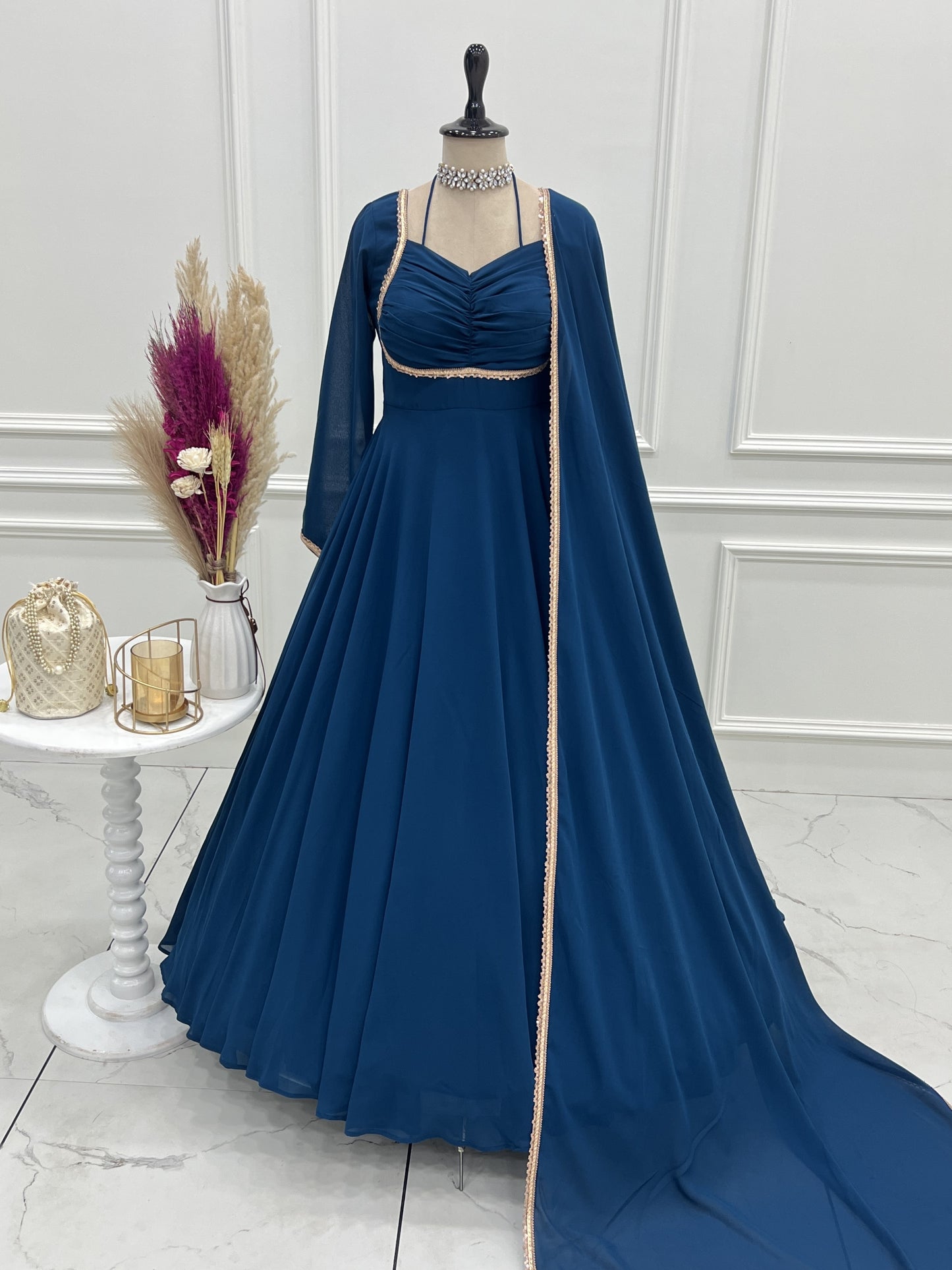 Precious Blue Plain Georgette Engagement Wear Gown