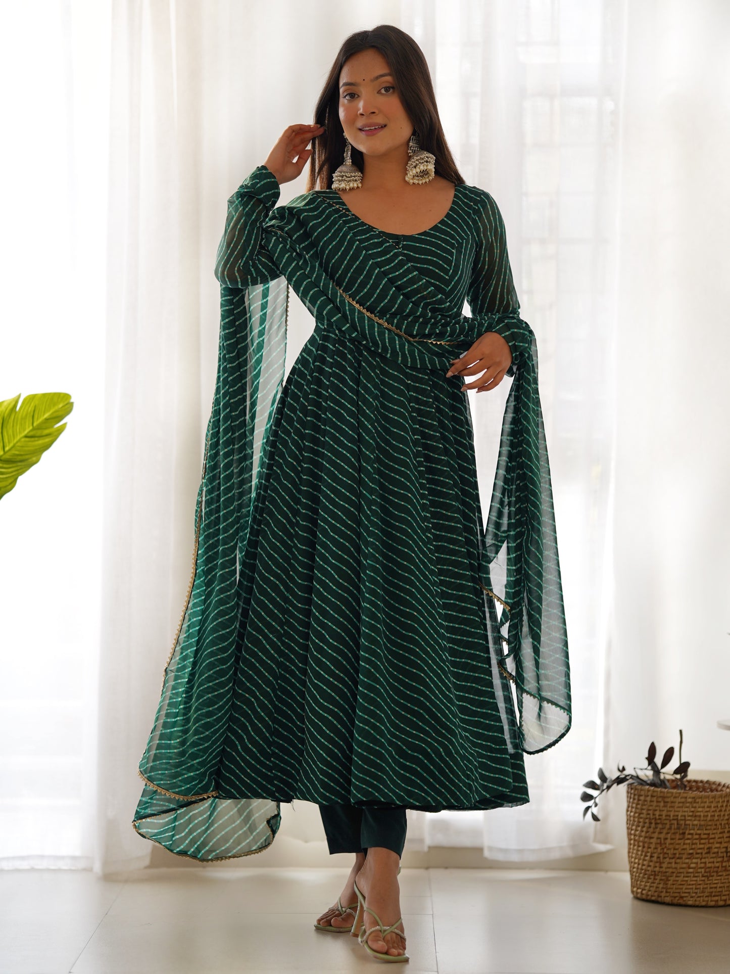 Green Leheriya Printed Georgette Mehndi Wear Anarkali Suit