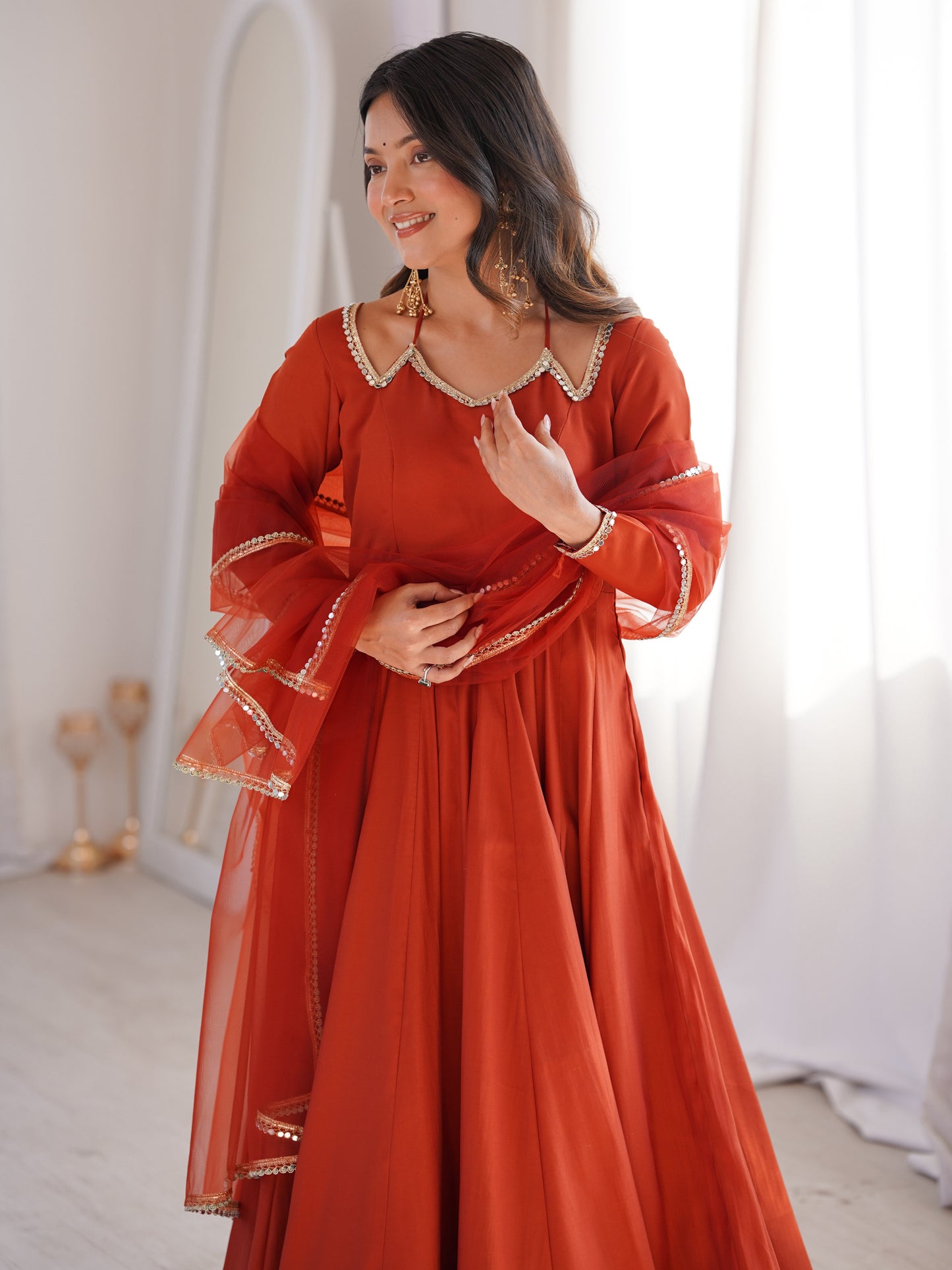 Wonderful Rust Orange Plain Roman Silk Anarkali Suit