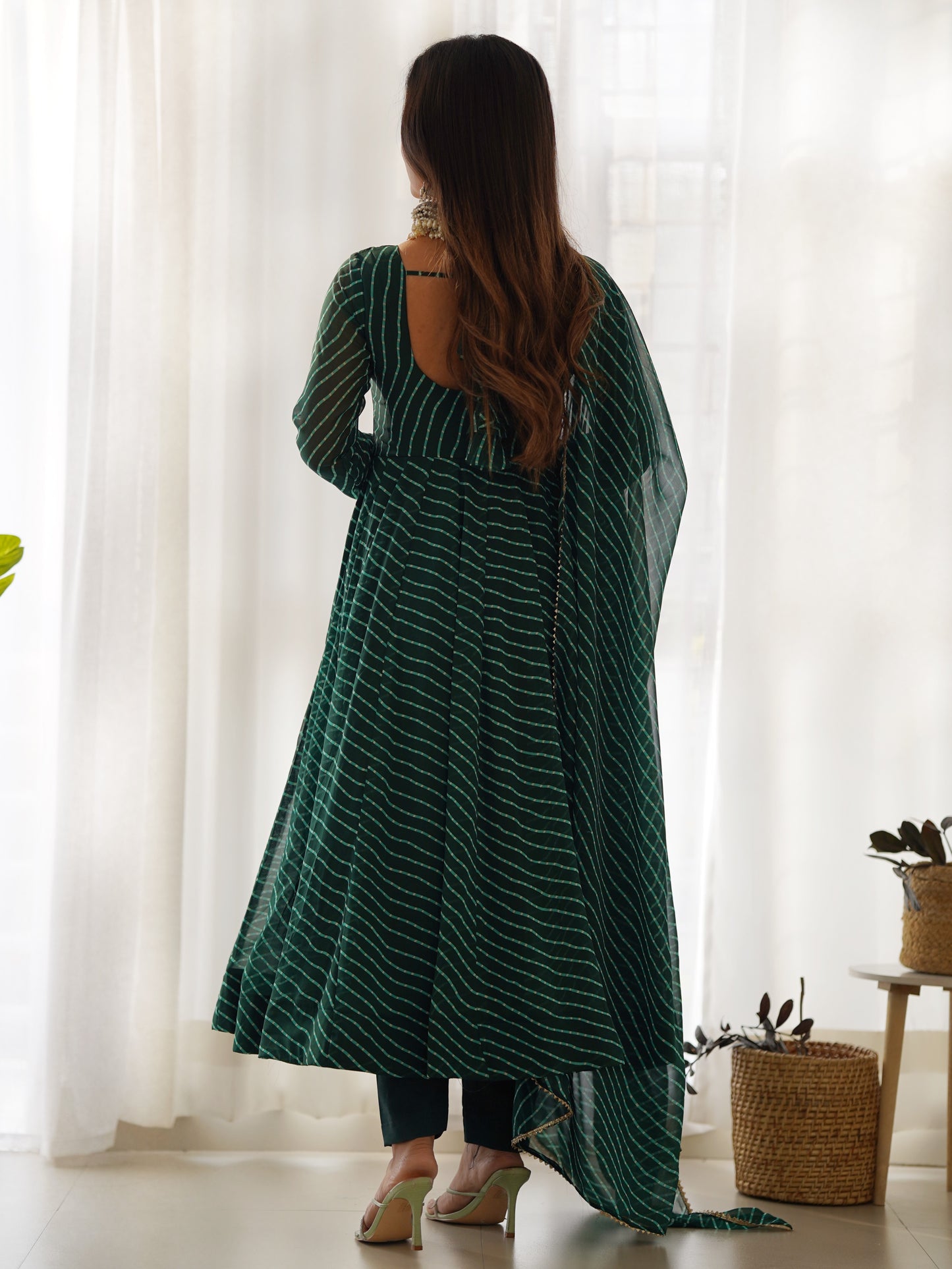 Green Leheriya Printed Georgette Mehndi Wear Anarkali Suit