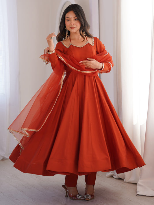 Wonderful Rust Orange Plain Roman Silk Anarkali Suit