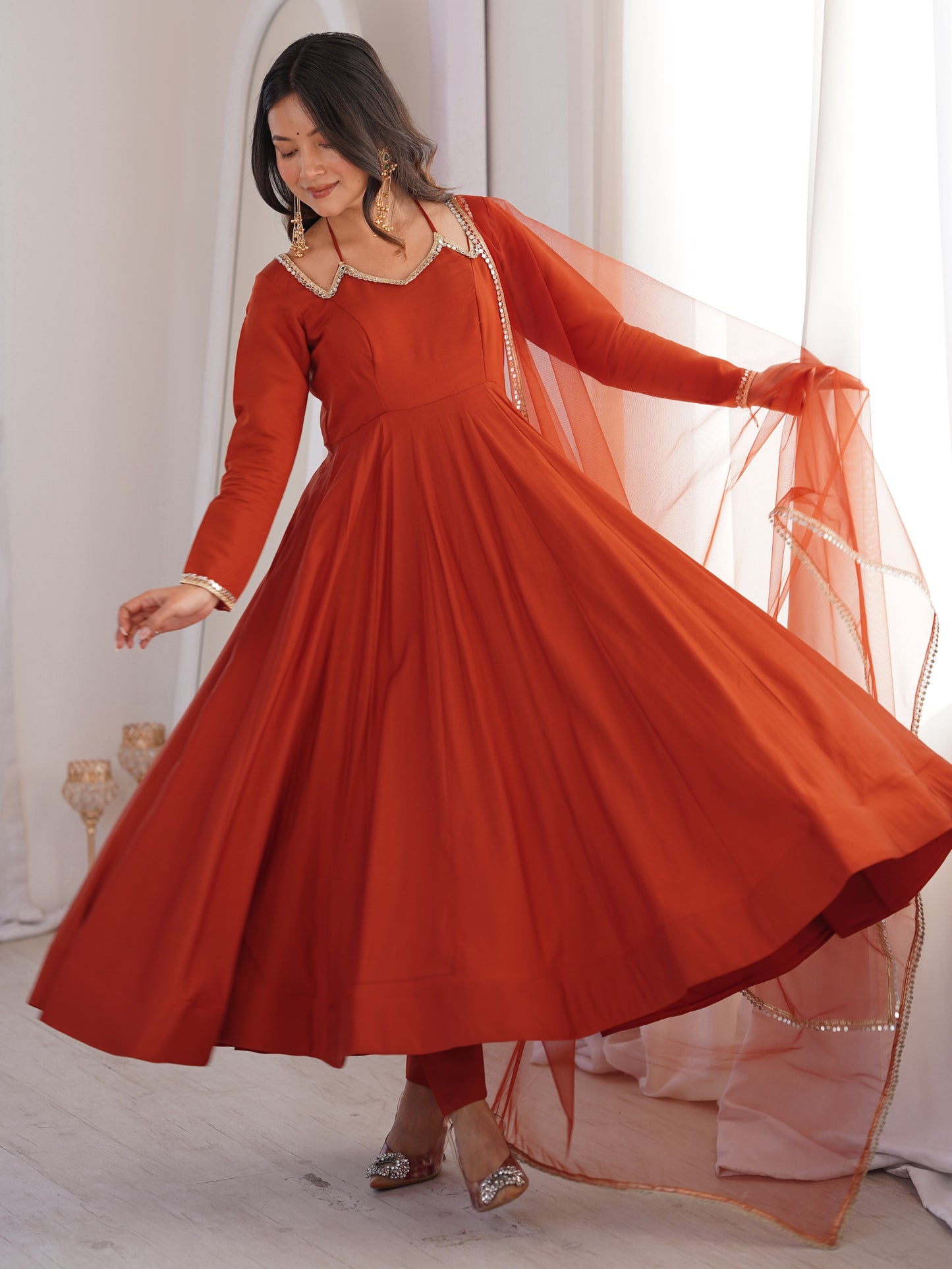 Wonderful Rust Orange Plain Roman Silk Anarkali Suit