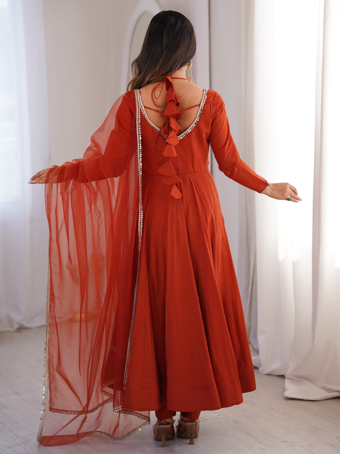Wonderful Rust Orange Plain Roman Silk Anarkali Suit