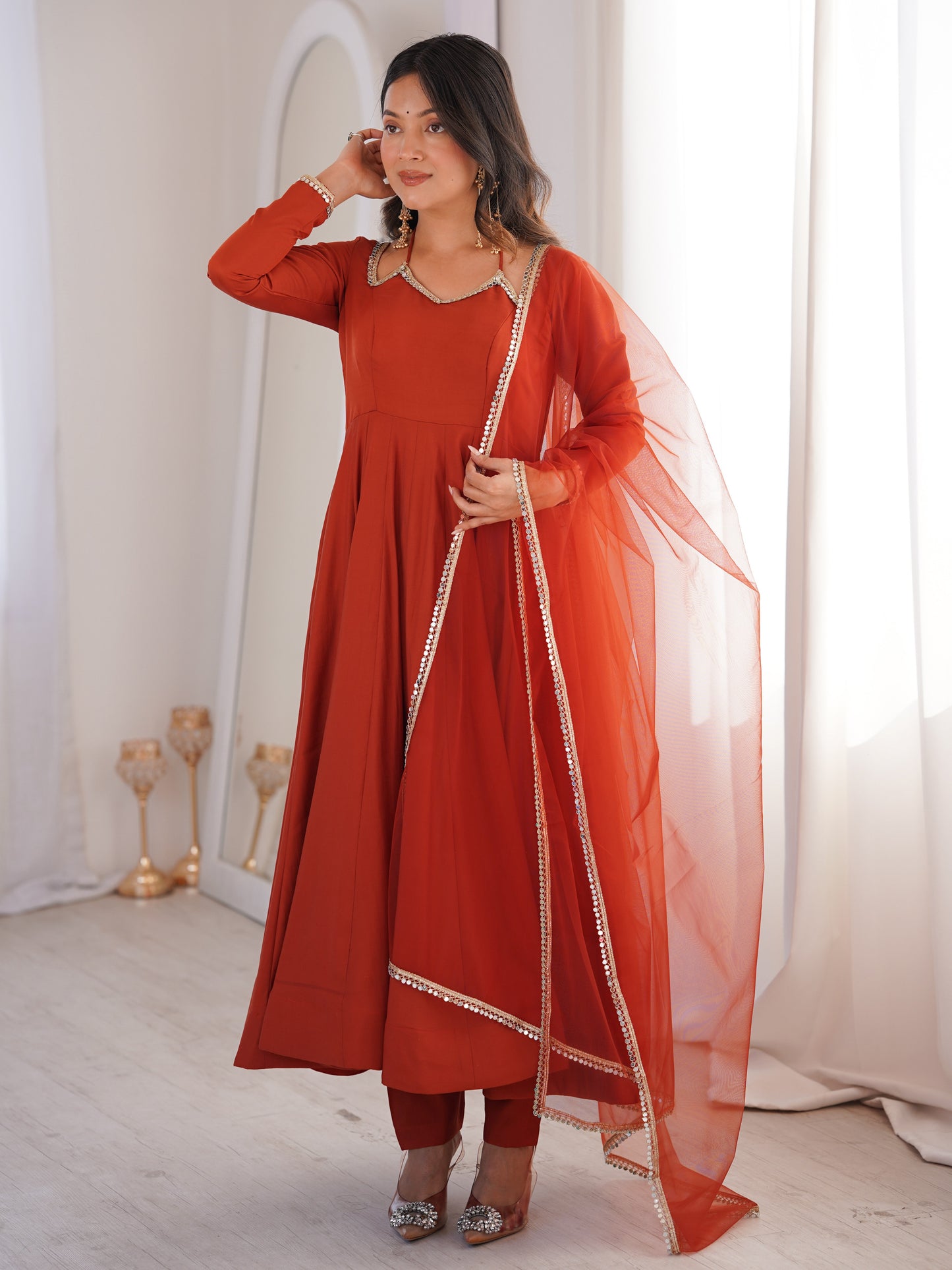 Wonderful Rust Orange Plain Roman Silk Anarkali Suit