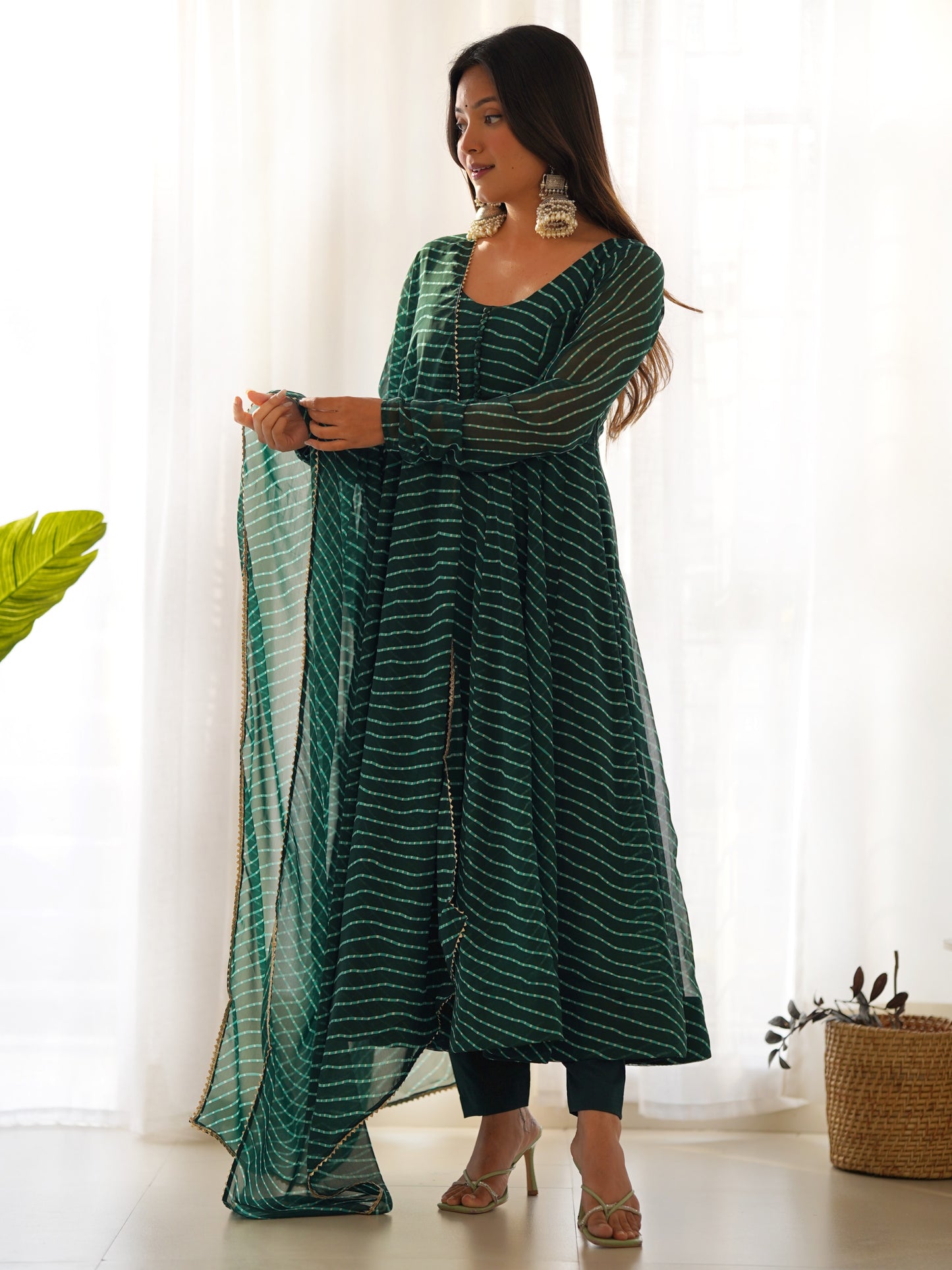 Green Leheriya Printed Georgette Mehndi Wear Anarkali Suit
