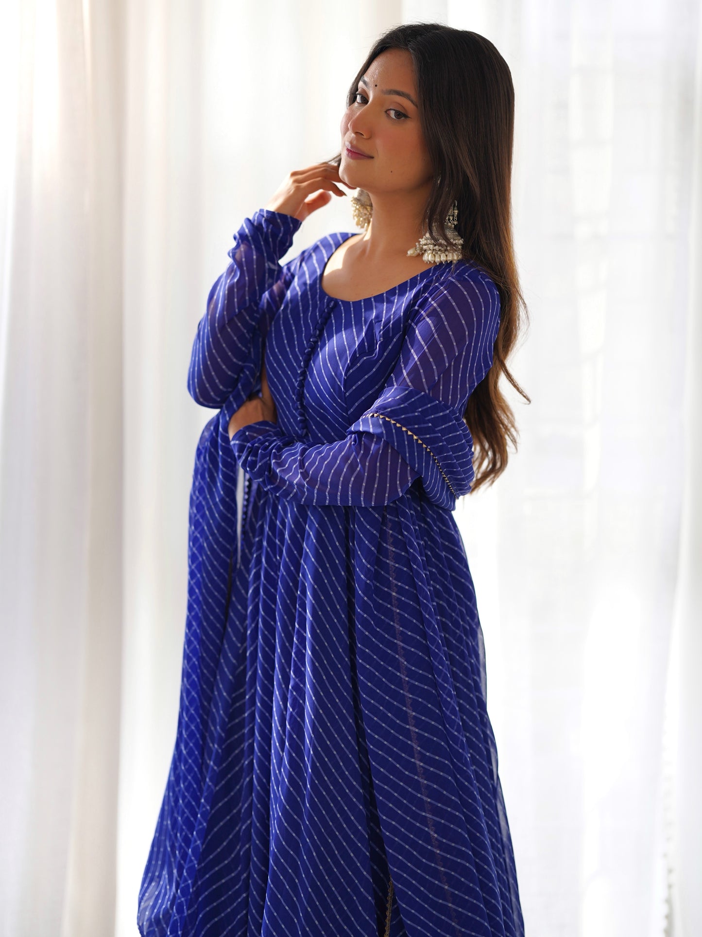 Astonishing Blue Leheriya Printed Georgette Festive Anarkali Suit