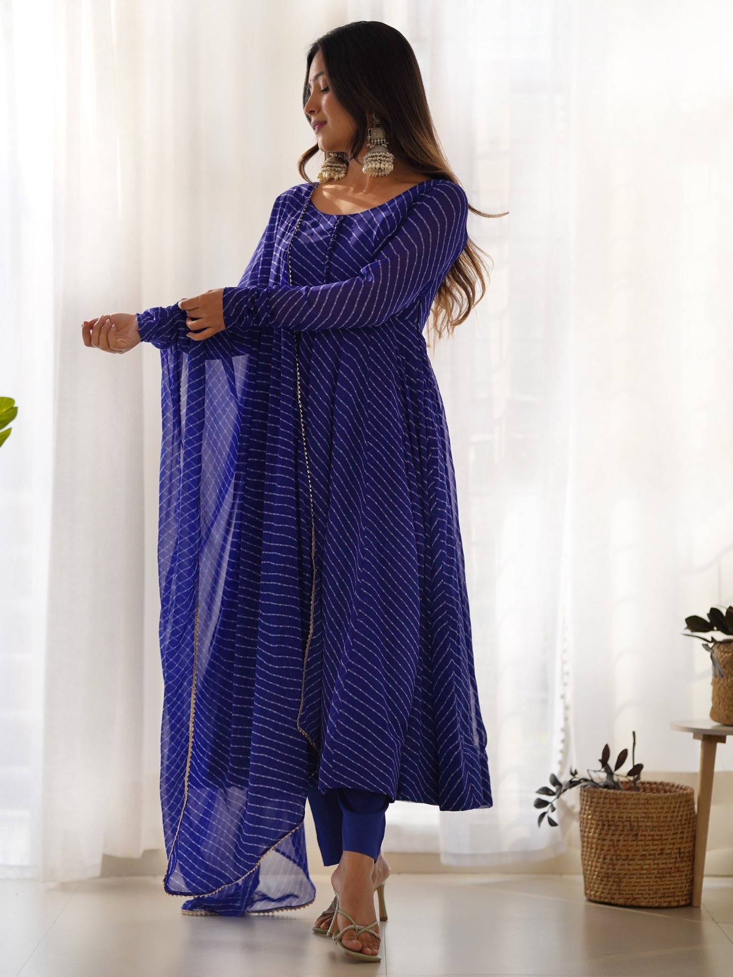 Astonishing Blue Leheriya Printed Georgette Festive Anarkali Suit