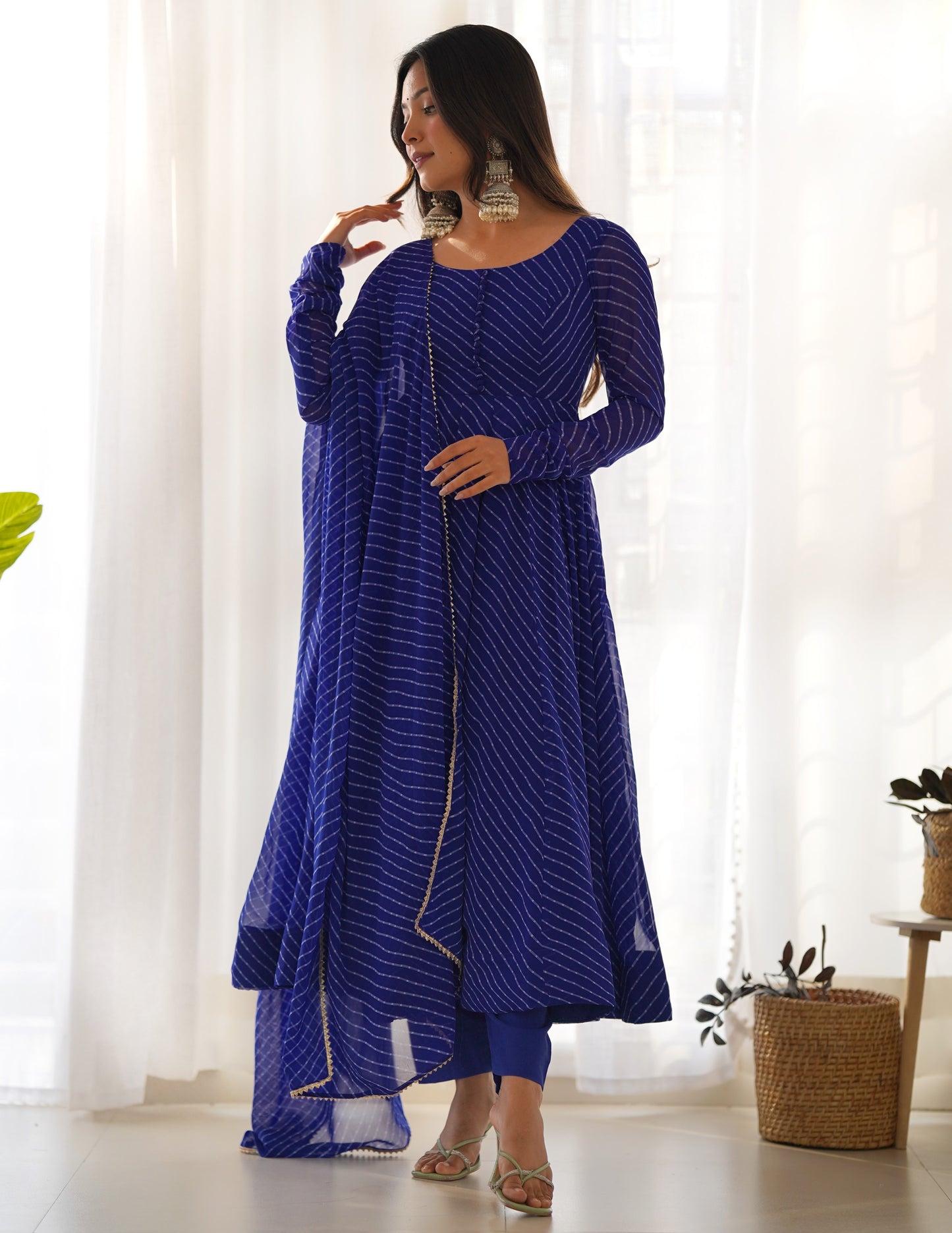 Astonishing Blue Leheriya Printed Georgette Festive Anarkali Suit