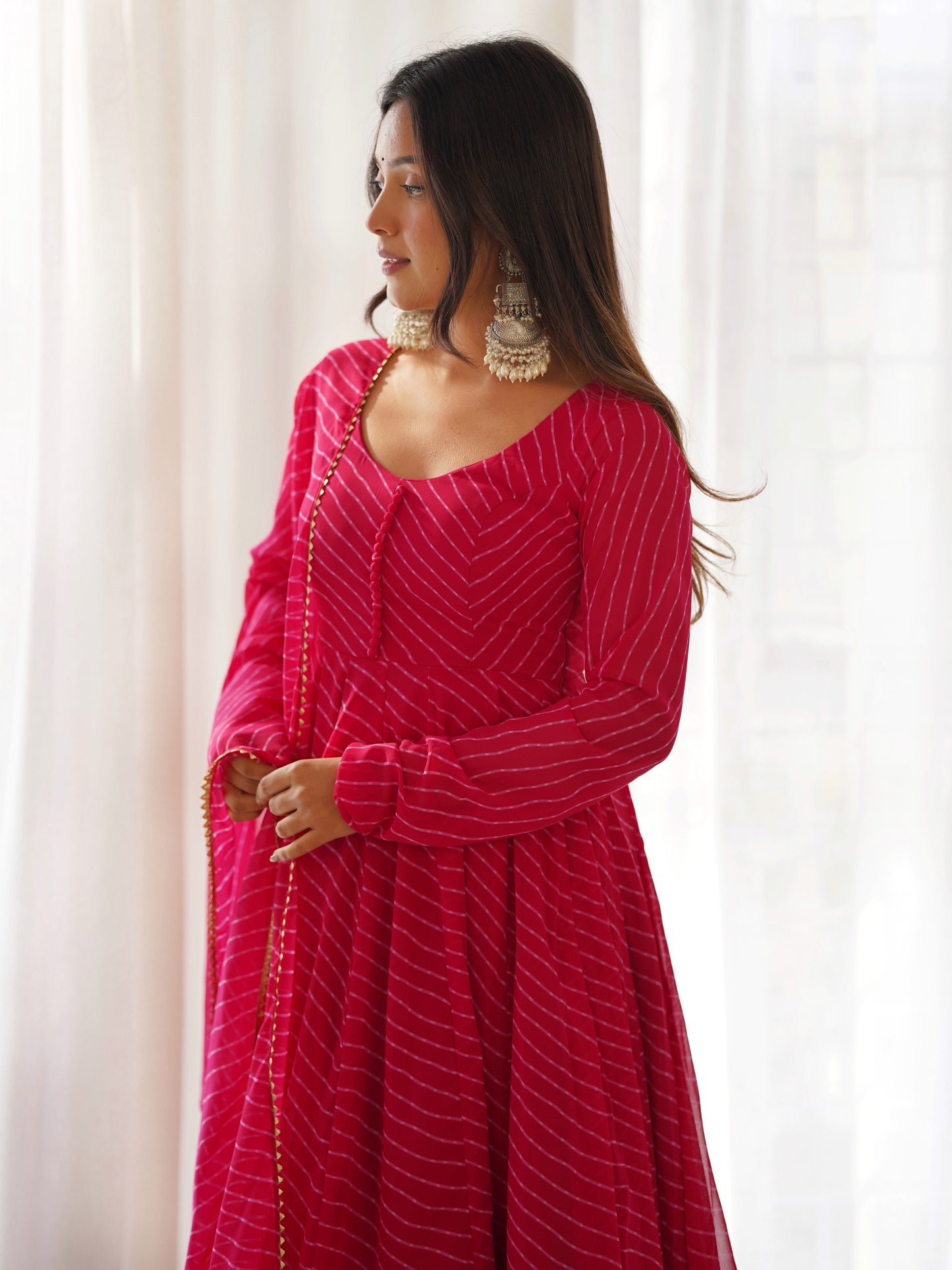 Alluring Pink Leheriya Printed Georgette Anarkali Suit