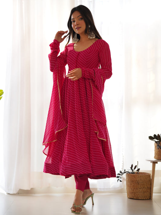 Alluring Pink Leheriya Printed Georgette Anarkali Suit