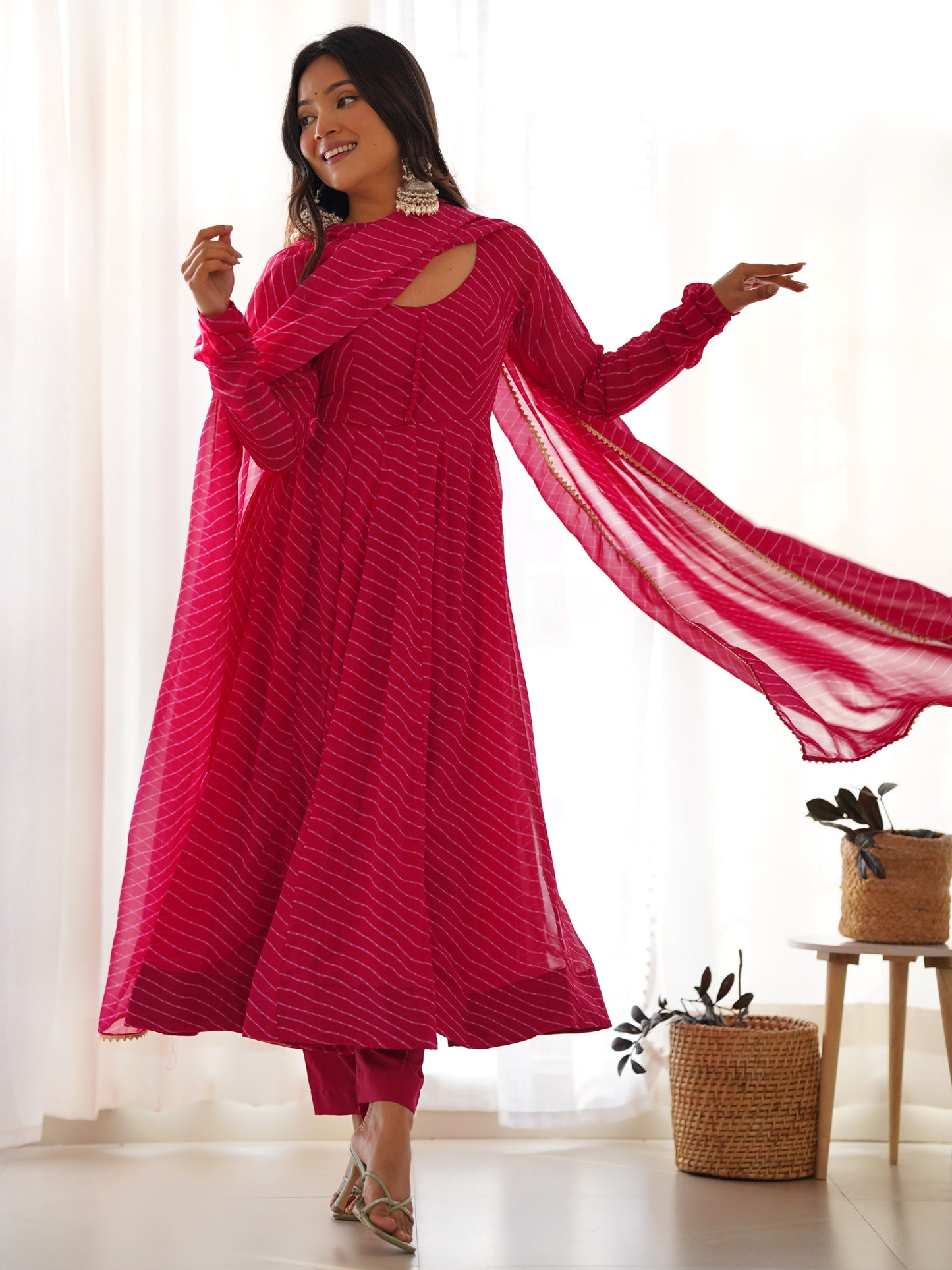 Alluring Pink Leheriya Printed Georgette Anarkali Suit
