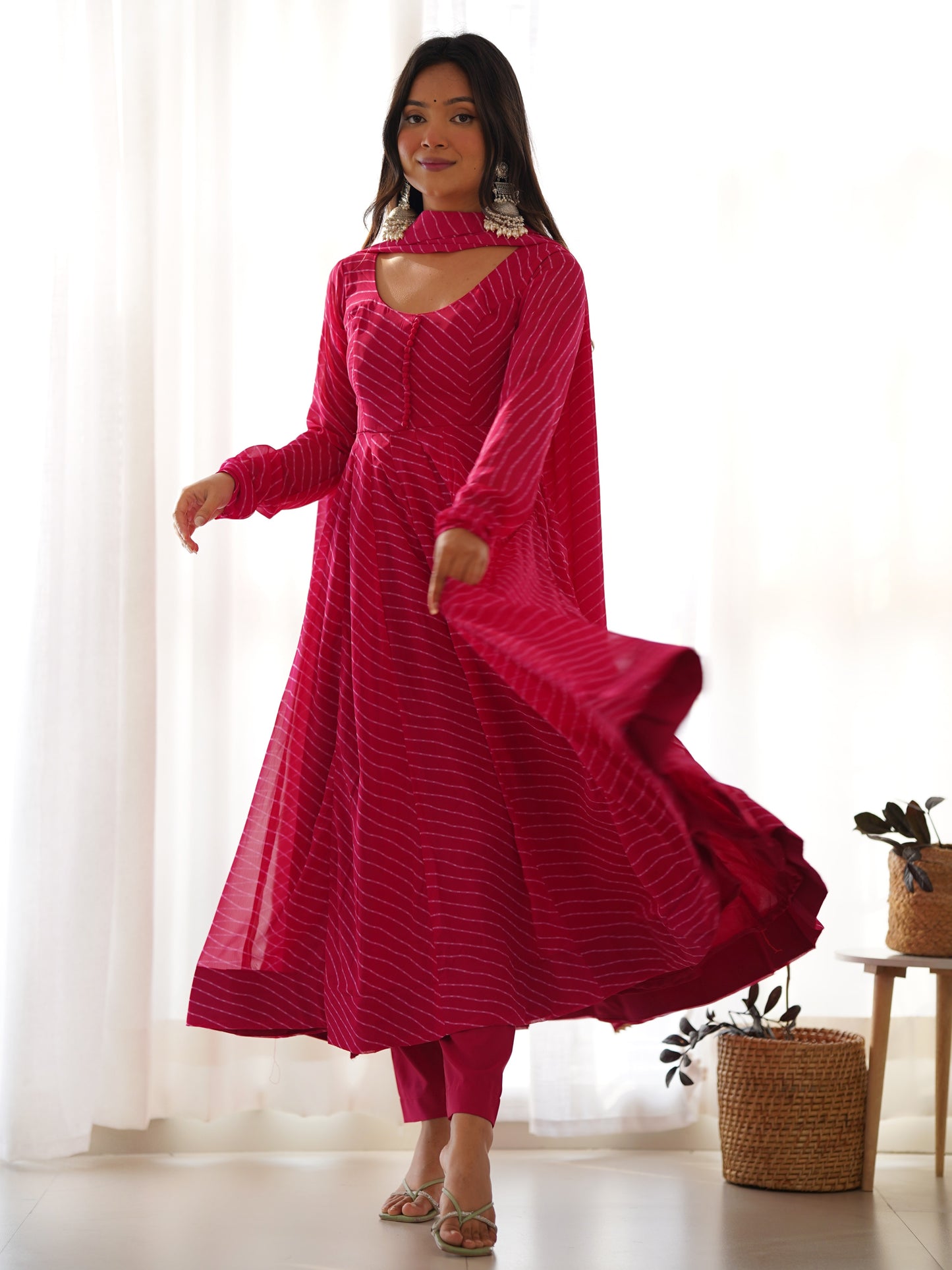 Alluring Pink Leheriya Printed Georgette Anarkali Suit