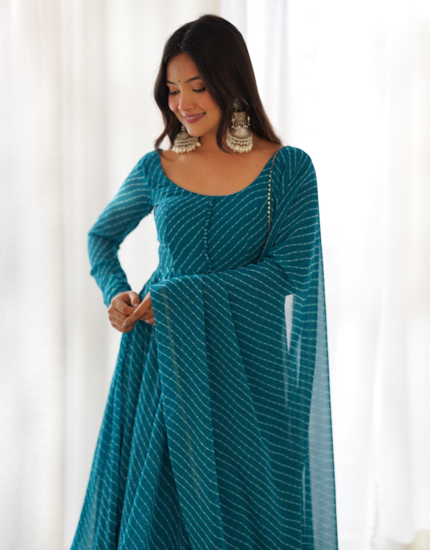 Marvelous Teal Blue Leheriya Printed Georgette Anarkali Suit