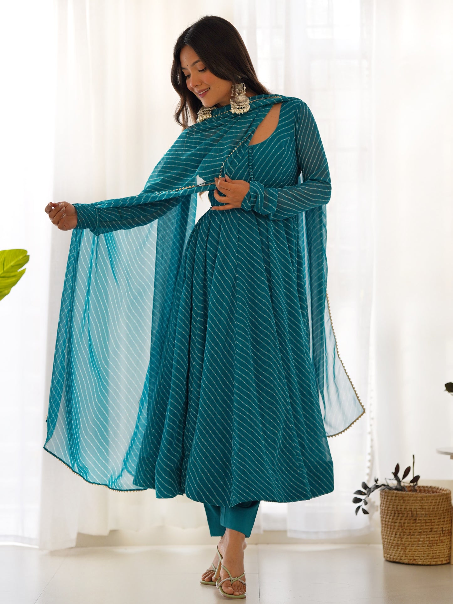 Marvelous Teal Blue Leheriya Printed Georgette Anarkali Suit