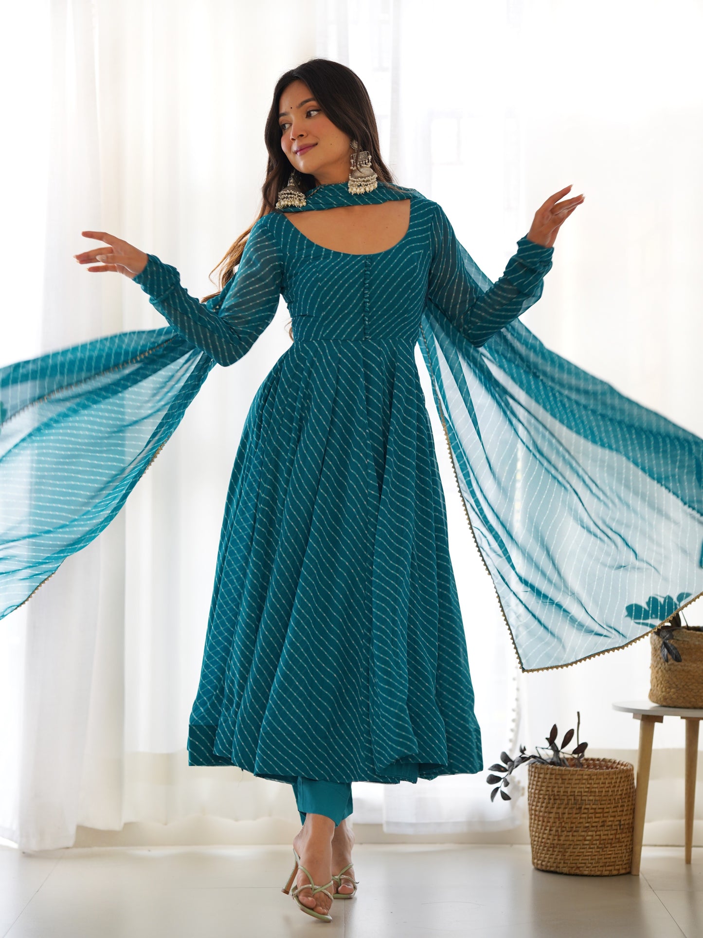 Marvelous Teal Blue Leheriya Printed Georgette Anarkali Suit
