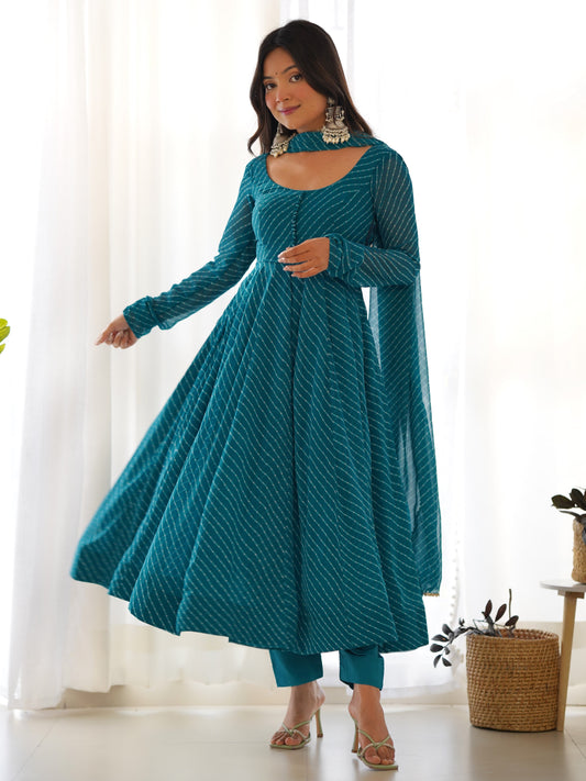 Marvelous Teal Blue Leheriya Printed Georgette Anarkali Suit
