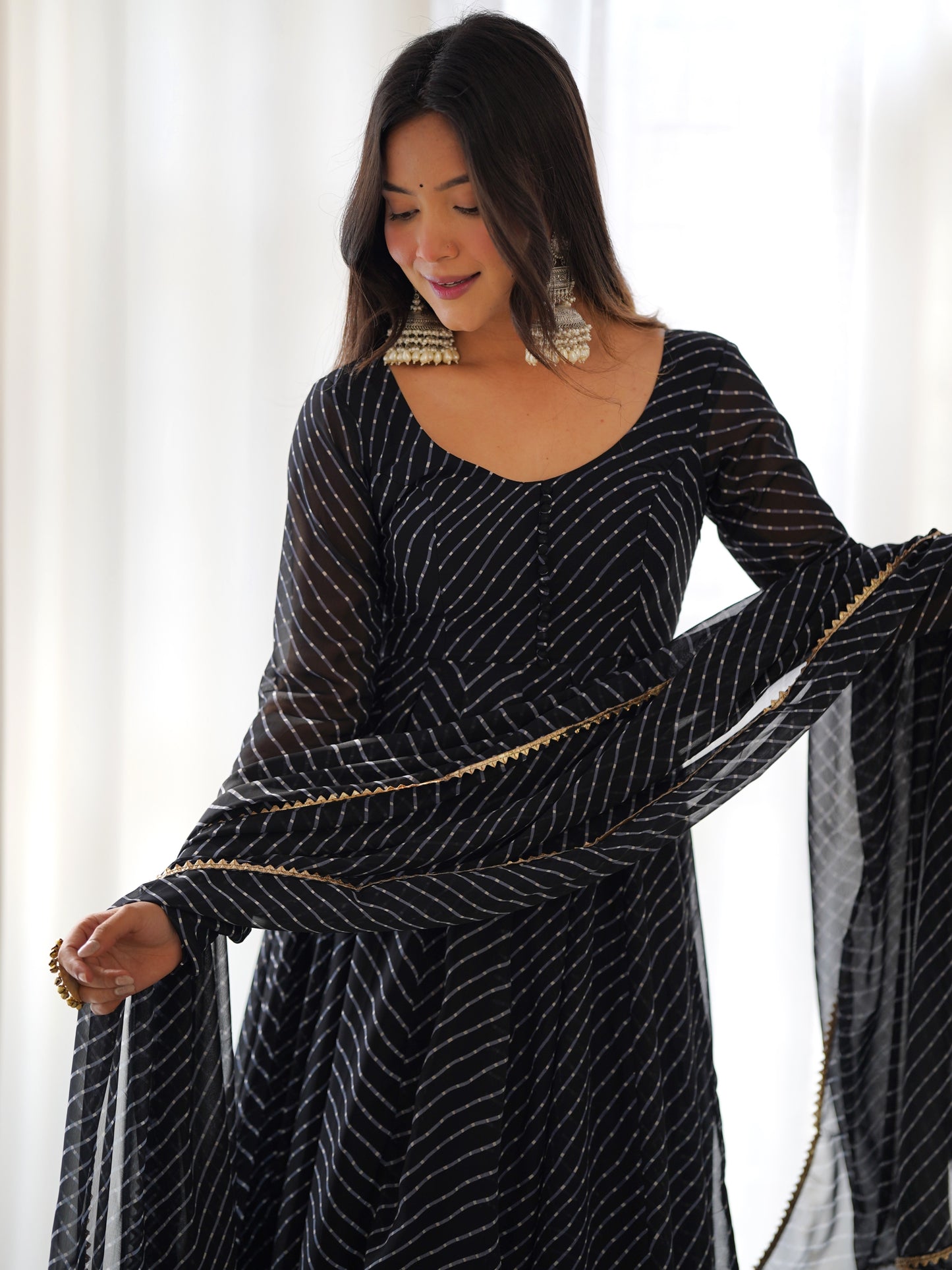 Pretty Black Leheriya Printed Georgette Anarkali Suit