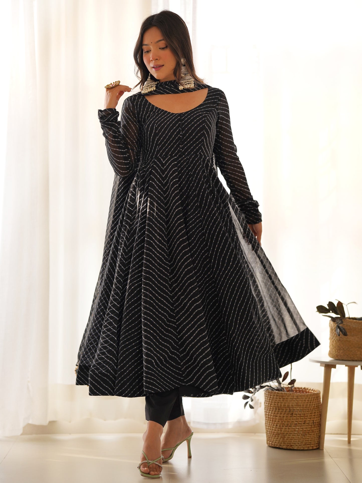 Pretty Black Leheriya Printed Georgette Anarkali Suit
