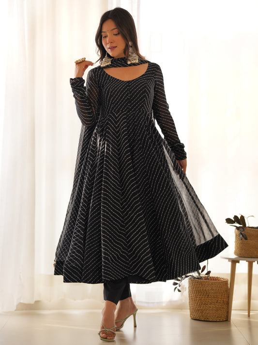 Pretty Black Leheriya Printed Georgette Anarkali Suit