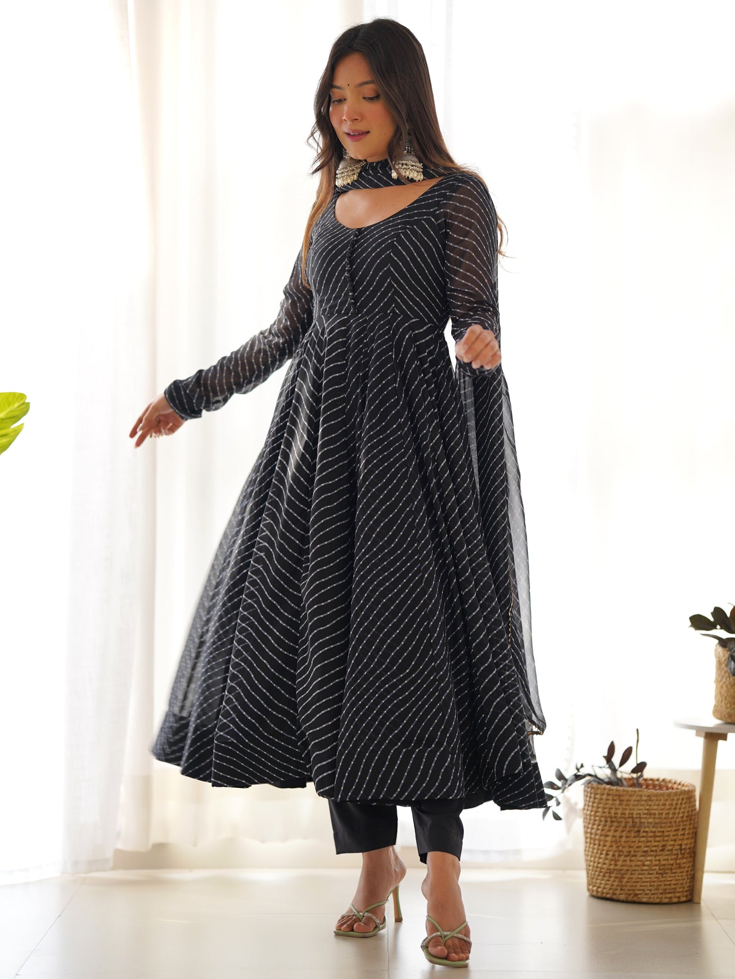 Pretty Black Leheriya Printed Georgette Anarkali Suit