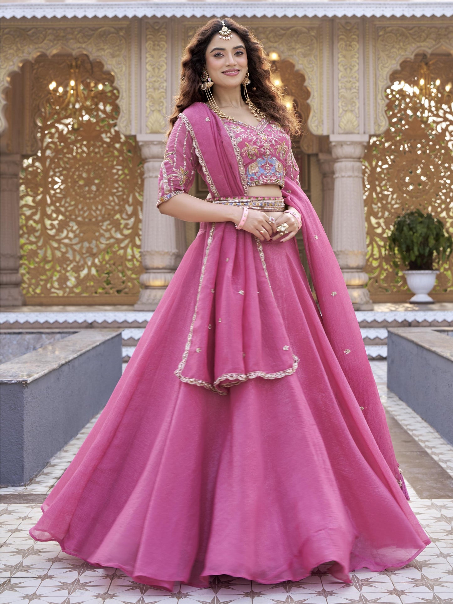 Fantastic Pink Embroidered Crunchy Designer Lehenga Choli