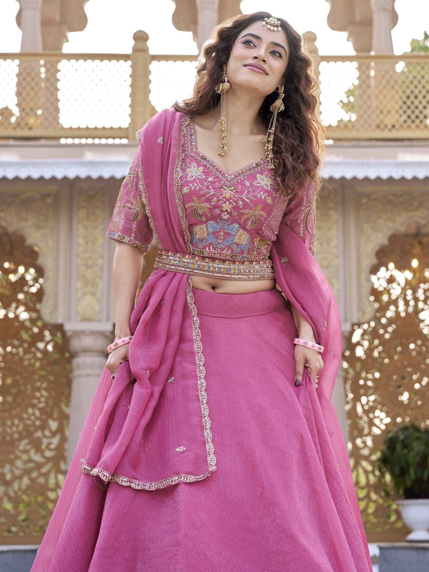 Fantastic Pink Embroidered Crunchy Designer Lehenga Choli