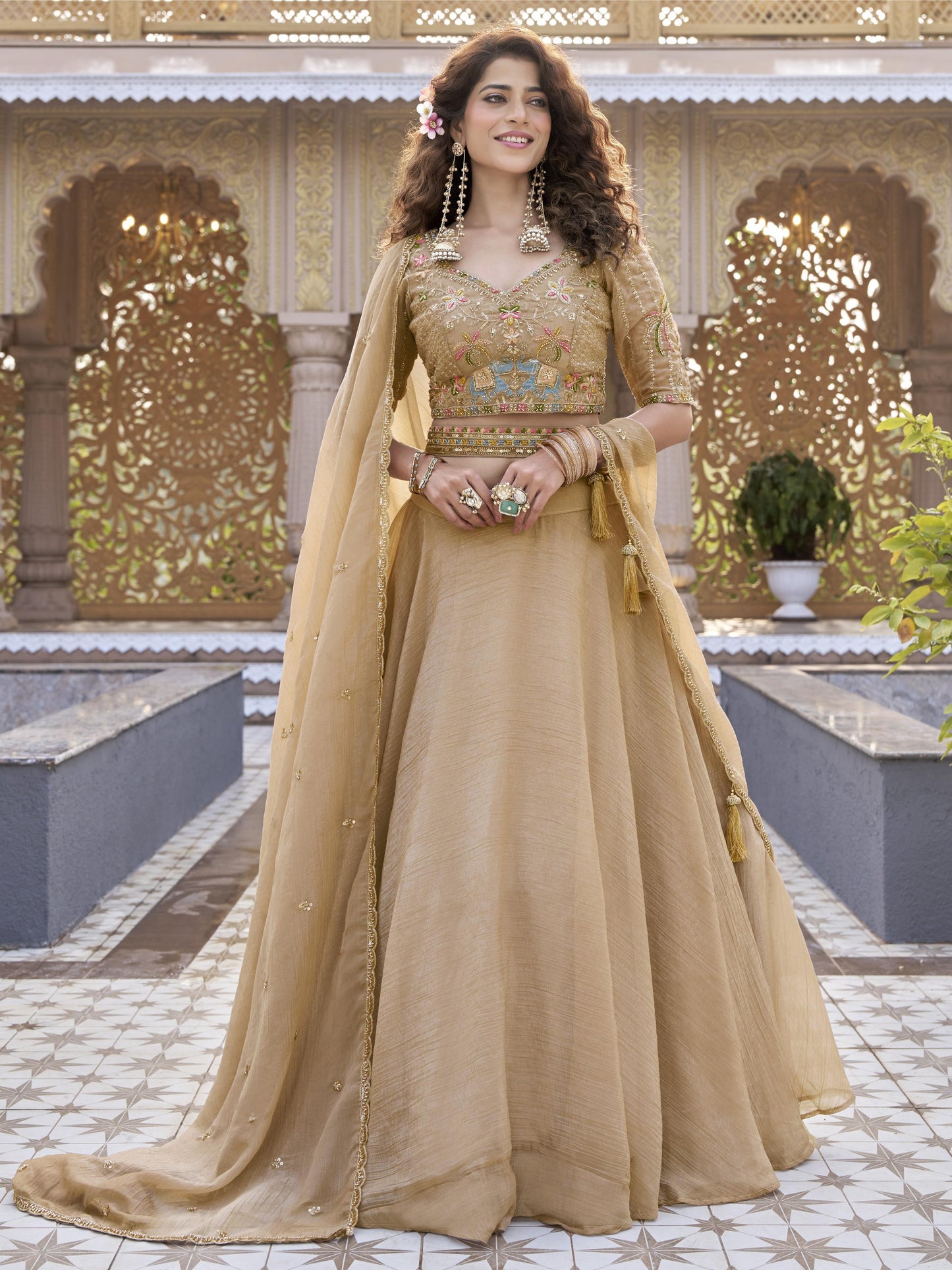 Alluring Brown Embroidered Crunchy Wedding Lehenga Choli
