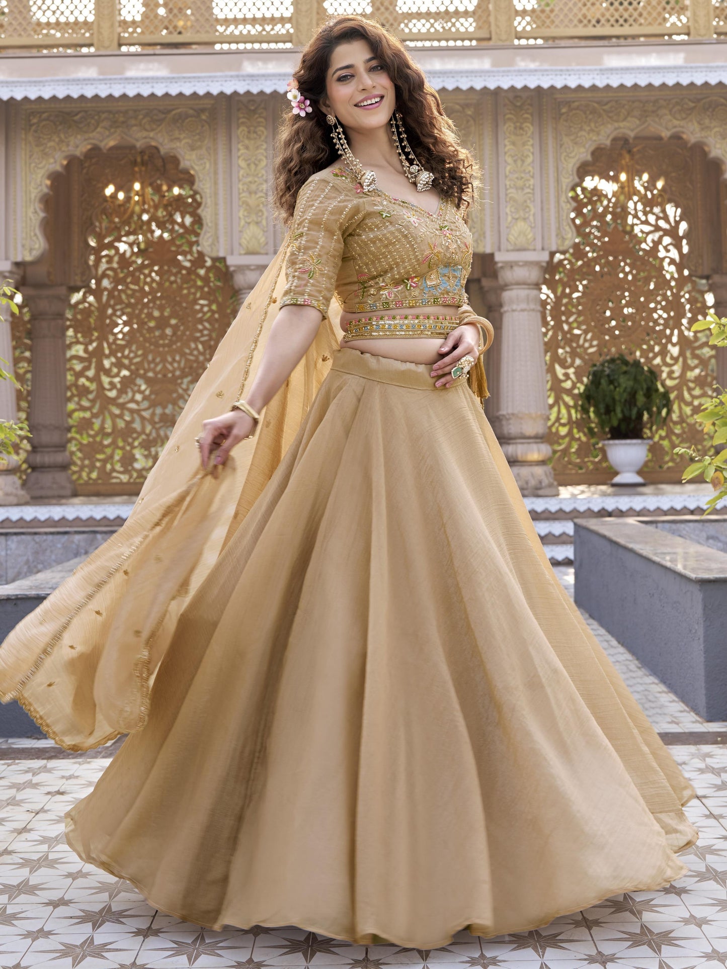 Alluring Brown Embroidered Crunchy Wedding Lehenga Choli