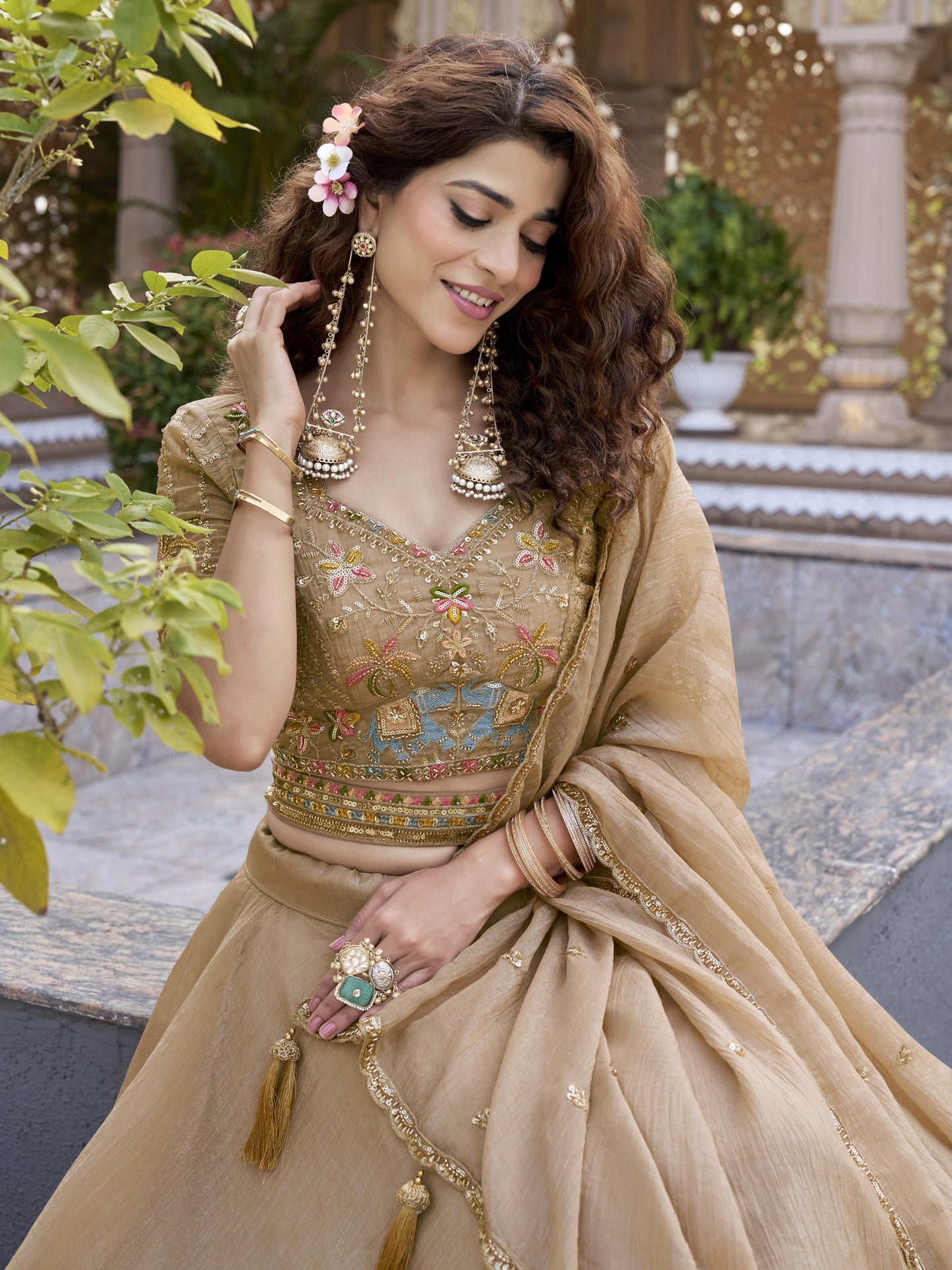 Alluring Brown Embroidered Crunchy Wedding Lehenga Choli
