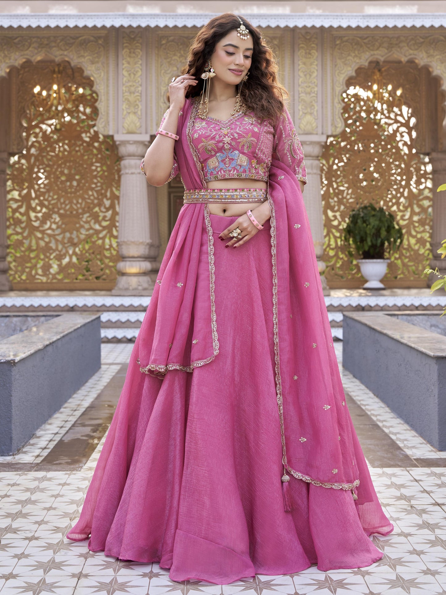 Fantastic Pink Embroidered Crunchy Designer Lehenga Choli