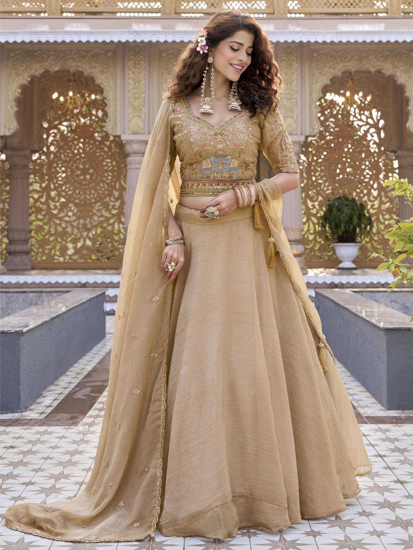 Alluring Brown Embroidered Crunchy Wedding Lehenga Choli