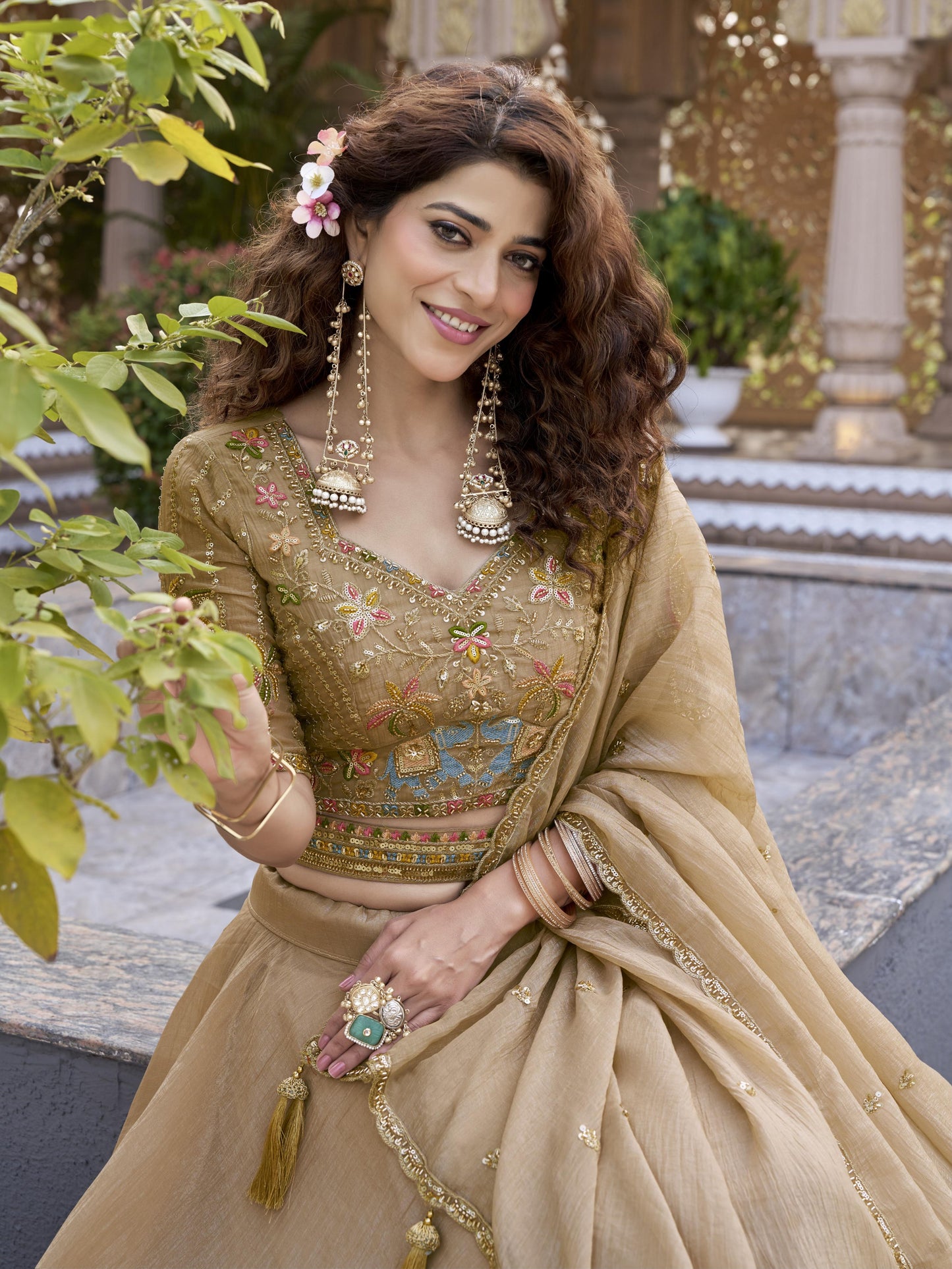 Alluring Brown Embroidered Crunchy Wedding Lehenga Choli